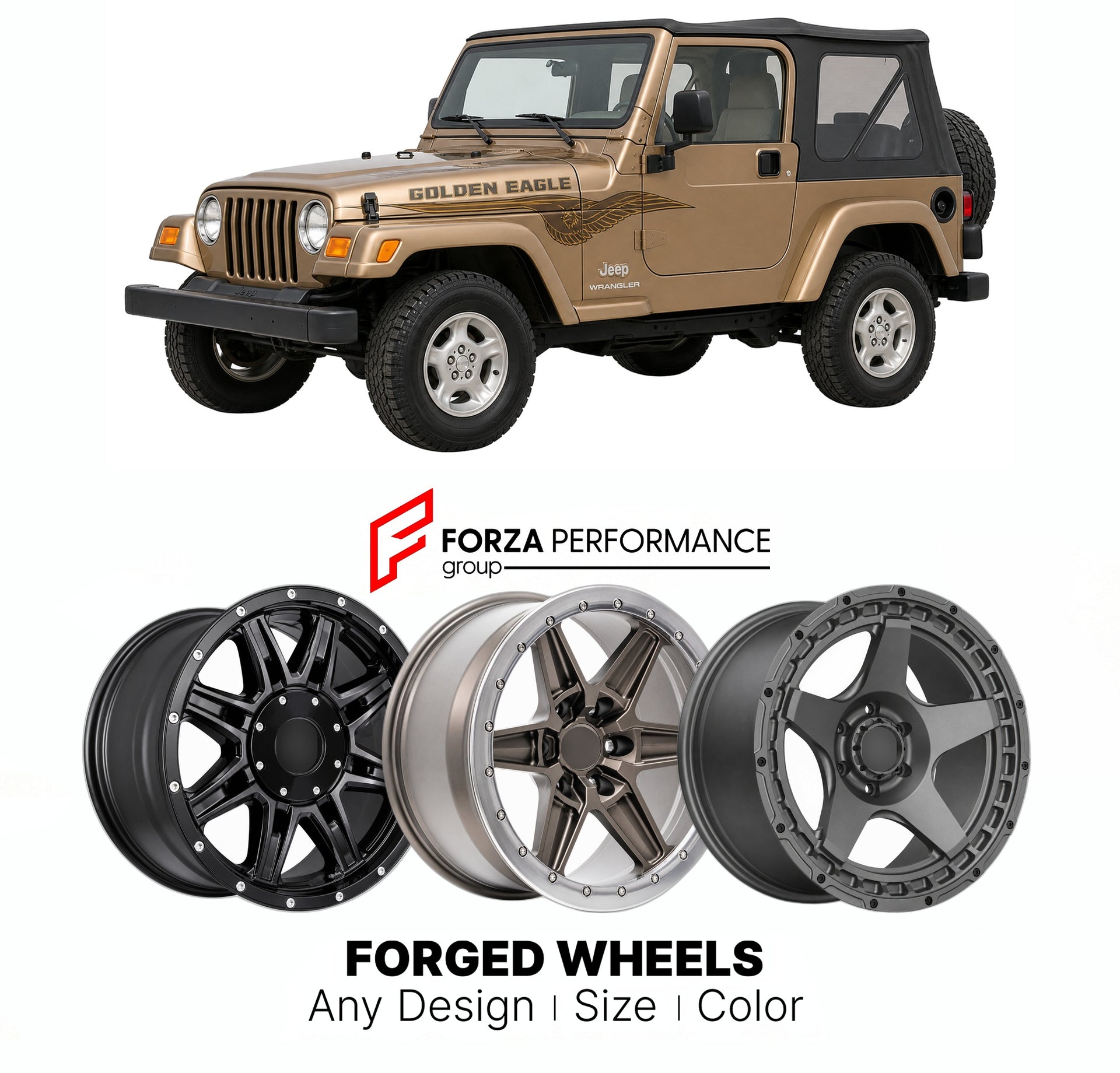 FORGED WHEELS RIMS for JEEP WRANGLER GOLDEN EAGLE TJ 1997 - 2006

Custom forged wheels for Jeep Wrangler Golden Eagle TJ 1997 - 2006. Made-to-order monoblock, 2-piece and 3-piece rims in custom sizes, offsets, colors and finishes with guaranteed fitment.

We manufacture premium quality forged wheels rims for Jeep Wrangler Golden Eagle TJ 1997 - 2006 in any design, size, color.

THIS WHEEL DESIGN CAN BE CUSTOM-MADE FOR YOUR CAR IN ANY SIZE AND COLOR OPTIONS
Available in monoblock, 2-piece, 3-piece, duoblock,