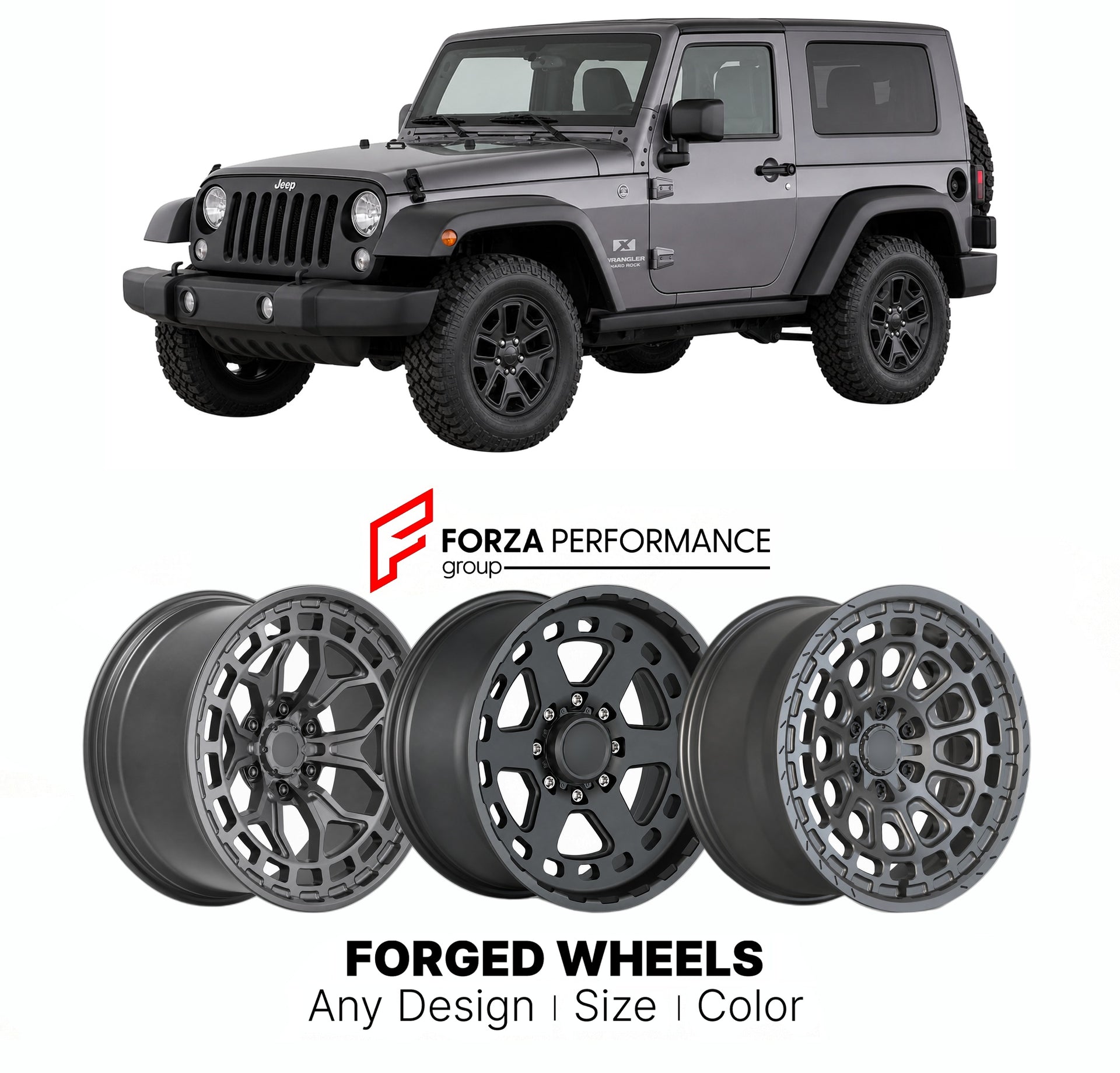 FORGED WHEELS RIMS for JEEP WRANGLER HARD ROCK JK 2007 - 2018

Custom forged wheels for Jeep Wrangler Hard Rock JK 2007 - 2018. Made-to-order monoblock, 2-piece and 3-piece rims in custom sizes, offsets, colors and finishes with guaranteed fitment.

We manufacture premium quality forged wheels rims for Jeep Wrangler Hard Rock JK 2007 - 2018 in any design, size, color.

THIS WHEEL DESIGN CAN BE CUSTOM-MADE FOR YOUR CAR IN ANY SIZE AND COLOR OPTIONS
Available in monoblock, 2-piece, 3-piece, duoblock, beadlock