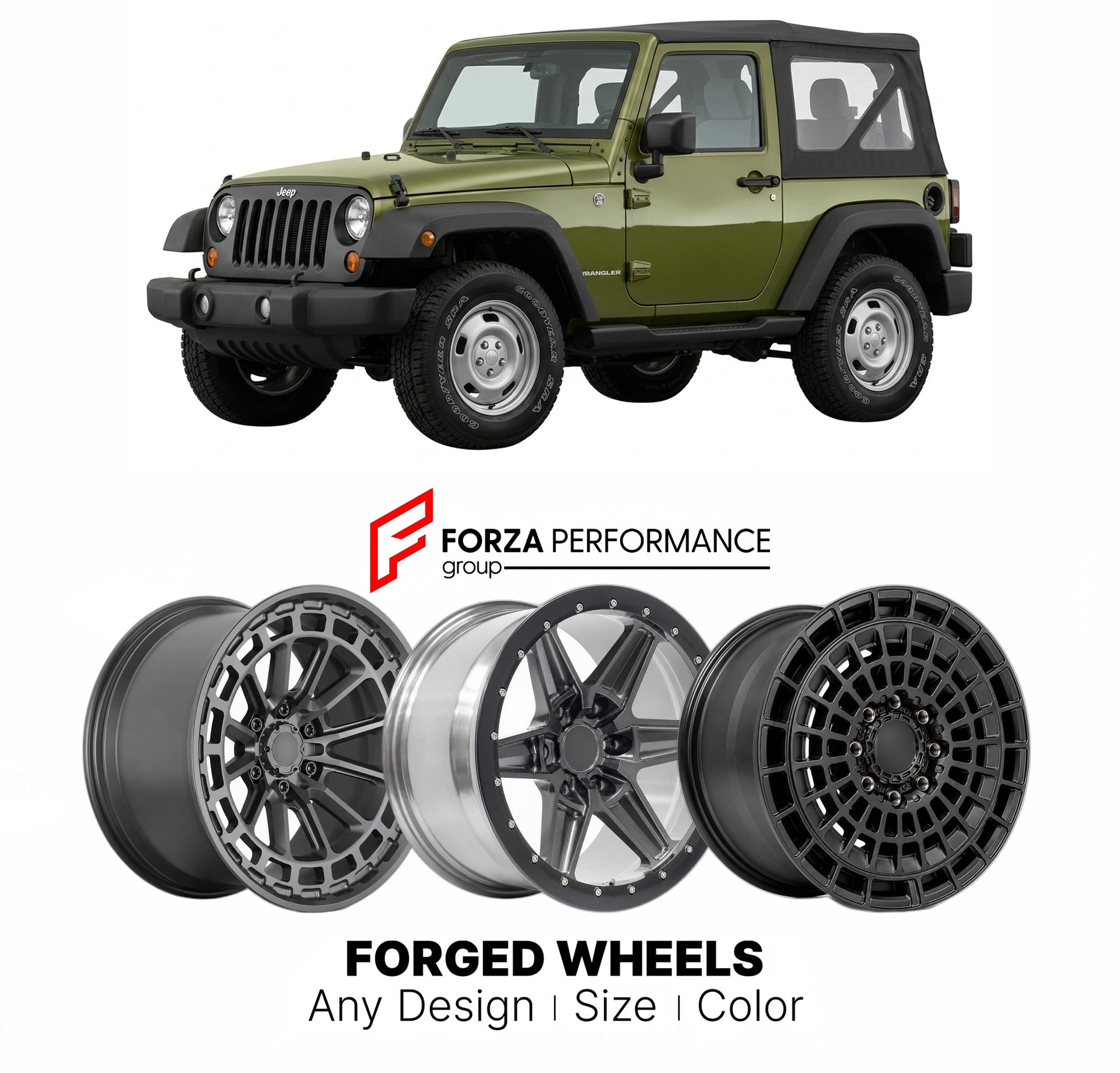 FORGED WHEELS RIMS for JEEP WRANGLER JK 2007 - 2018

Custom forged wheels for Jeep Wrangler JK 2007 - 2018. Made-to-order monoblock, 2-piece and 3-piece rims in custom sizes, offsets, colors and finishes with guaranteed fitment.

We manufacture premium quality forged wheels rims for Jeep Wrangler JK 2007 - 2018 in any design, size, color.

THIS WHEEL DESIGN CAN BE CUSTOM-MADE FOR YOUR CAR IN ANY SIZE AND COLOR OPTIONS
Available in monoblock, 2-piece, 3-piece, duoblock, beadlock
3D wheel renderings are provi