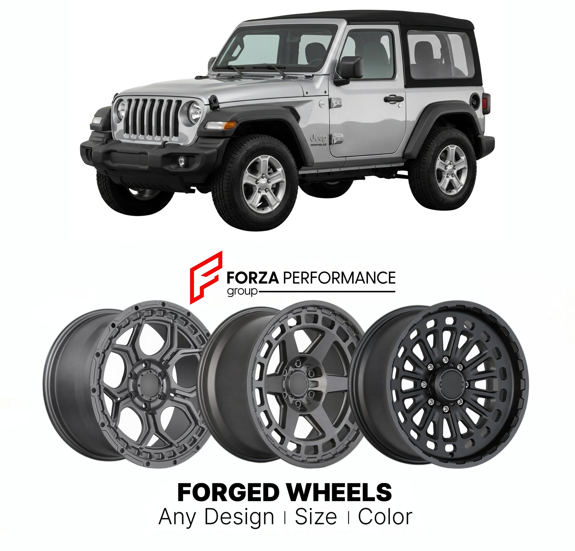 FORGED WHEELS RIMS for JEEP WRANGLER JL 2018+

Custom forged wheels for Jeep Wrangler JL 2018+. Made-to-order monoblock, 2-piece and 3-piece rims in custom sizes, offsets, colors and finishes with guaranteed fitment.

We manufacture premium quality forged wheels rims for Jeep Wrangler JL 2018+ in any design, size, color.

THIS WHEEL DESIGN CAN BE CUSTOM-MADE FOR YOUR CAR IN ANY SIZE AND COLOR OPTIONS
Available in monoblock, 2-piece, 3-piece, duoblock, beadlock
3D wheel renderings are provided according to t