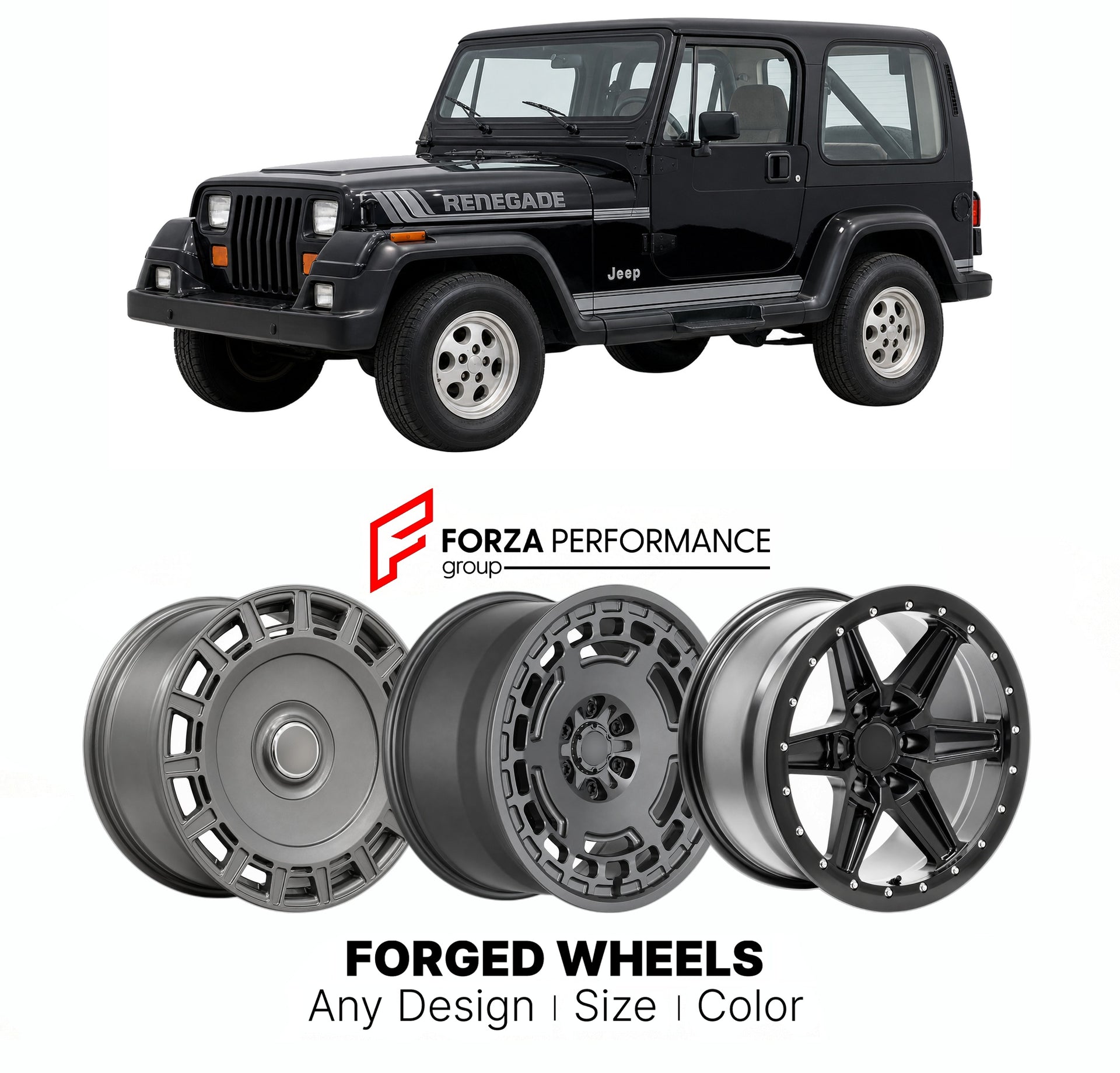 FORGED WHEELS RIMS for JEEP WRANGLER RENEGADE YJ 1990 - 1995

Custom forged wheels for Jeep Wrangler Renegade YJ 1990 - 1995. Made-to-order monoblock, 2-piece and 3-piece rims in custom sizes, offsets, colors and finishes with guaranteed fitment.

We manufacture premium quality forged wheels rims for Jeep Wrangler Renegade YJ 1990 - 1995 in any design, size, color.

THIS WHEEL DESIGN CAN BE CUSTOM-MADE FOR YOUR CAR IN ANY SIZE AND COLOR OPTIONS
Available in monoblock, 2-piece, 3-piece, duoblock, beadlock
3D