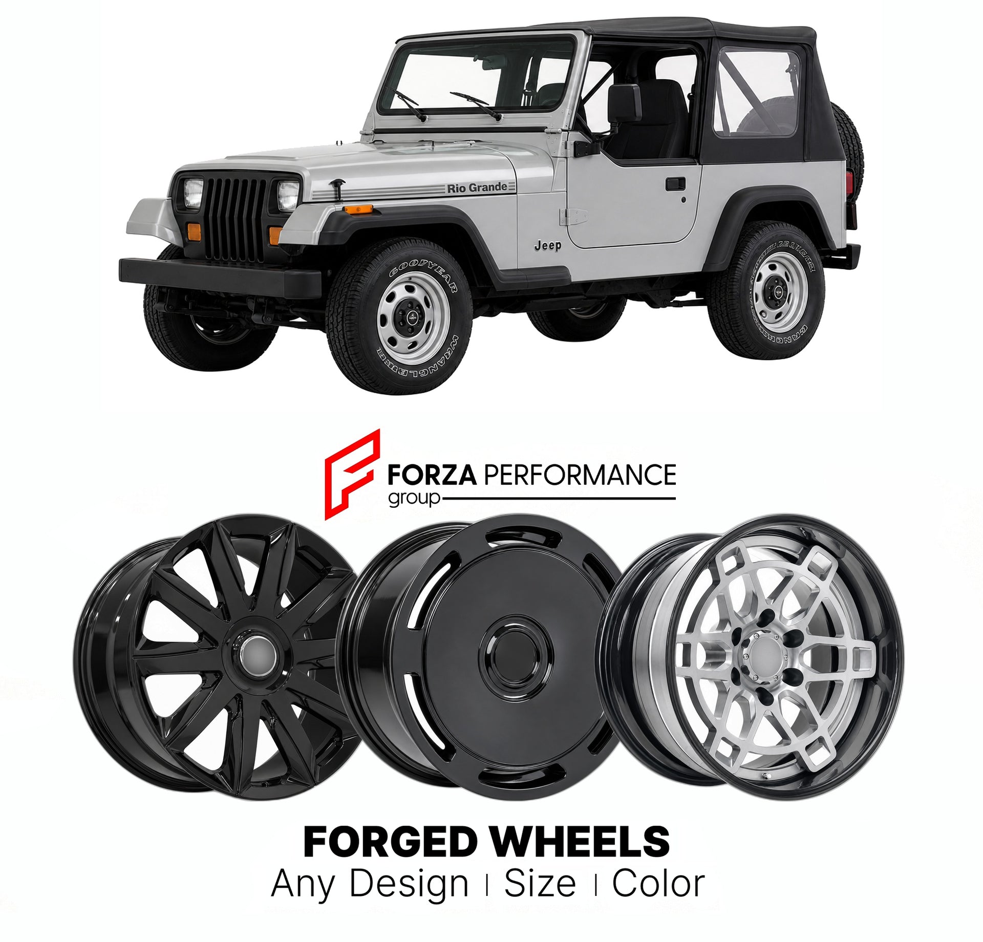 FORGED WHEELS RIMS for JEEP WRANGLER RIO GRANDE YJ 1990 - 1995

Custom forged wheels for Jeep Wrangler Rio Grande YJ 1990 - 1995. Made-to-order monoblock, 2-piece and 3-piece rims in custom sizes, offsets, colors and finishes with guaranteed fitment.

We manufacture premium quality forged wheels rims for Jeep Wrangler Rio Grande YJ 1990 - 1995 in any design, size, color.

THIS WHEEL DESIGN CAN BE CUSTOM-MADE FOR YOUR CAR IN ANY SIZE AND COLOR OPTIONS
Available in monoblock, 2-piece, 3-piece, duoblock, beadl