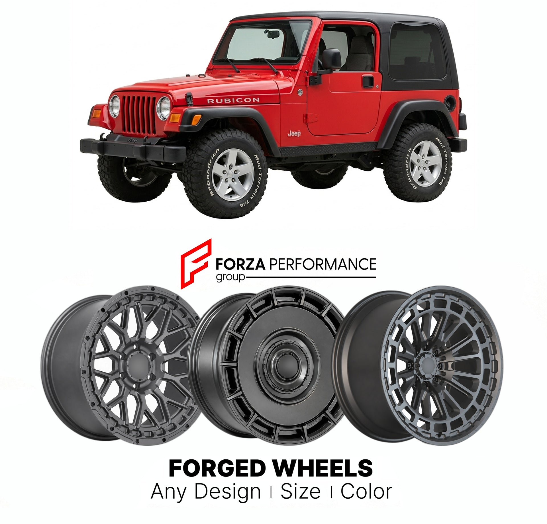 FORGED WHEELS RIMS for JEEP WRANGLER RUBICON 2003 - 2024

Custom forged wheels for Jeep Wrangler Rubicon 2003 - 2024. Made-to-order monoblock, 2-piece and 3-piece rims in custom sizes, offsets, colors and finishes with guaranteed fitment.

We manufacture premium quality forged wheels rims for Jeep Wrangler Rubicon 2003 - 2024 in any design, size, color.

THIS WHEEL DESIGN CAN BE CUSTOM-MADE FOR YOUR CAR IN ANY SIZE AND COLOR OPTIONS
Available in monoblock, 2-piece, 3-piece, duoblock, beadlock
3D wheel rende