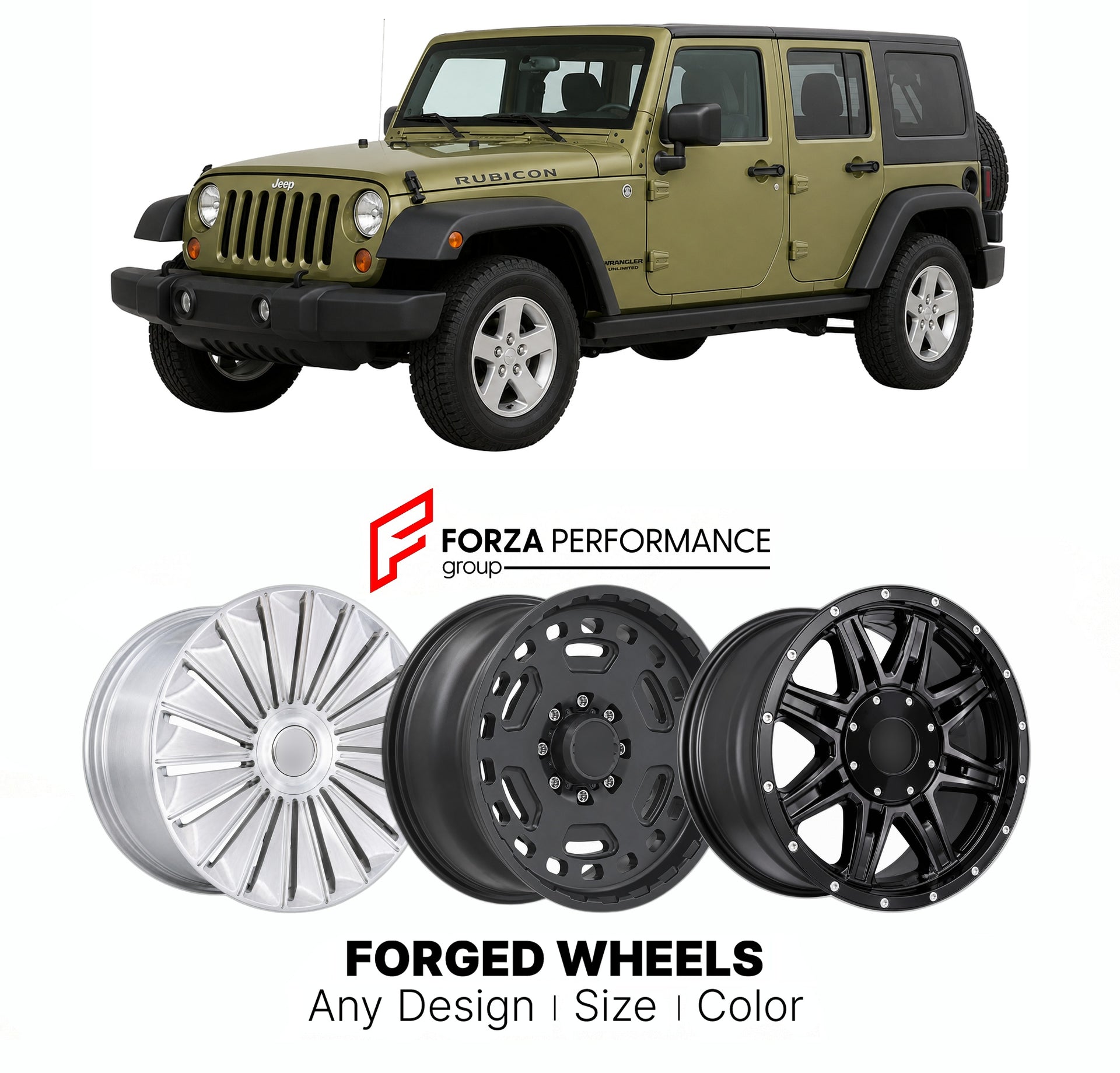 FORGED WHEELS RIMS for JEEP WRANGLER RUBICON JK 2007 - 2018

Custom forged wheels for Jeep Wrangler Rubicon JK 2007 - 2018. Made-to-order monoblock, 2-piece and 3-piece rims in custom sizes, offsets, colors and finishes with guaranteed fitment.

We manufacture premium quality forged wheels rims for Jeep Wrangler Rubicon JK 2007 - 2018 in any design, size, color.

THIS WHEEL DESIGN CAN BE CUSTOM-MADE FOR YOUR CAR IN ANY SIZE AND COLOR OPTIONS
Available in monoblock, 2-piece, 3-piece, duoblock, beadlock
3D wh