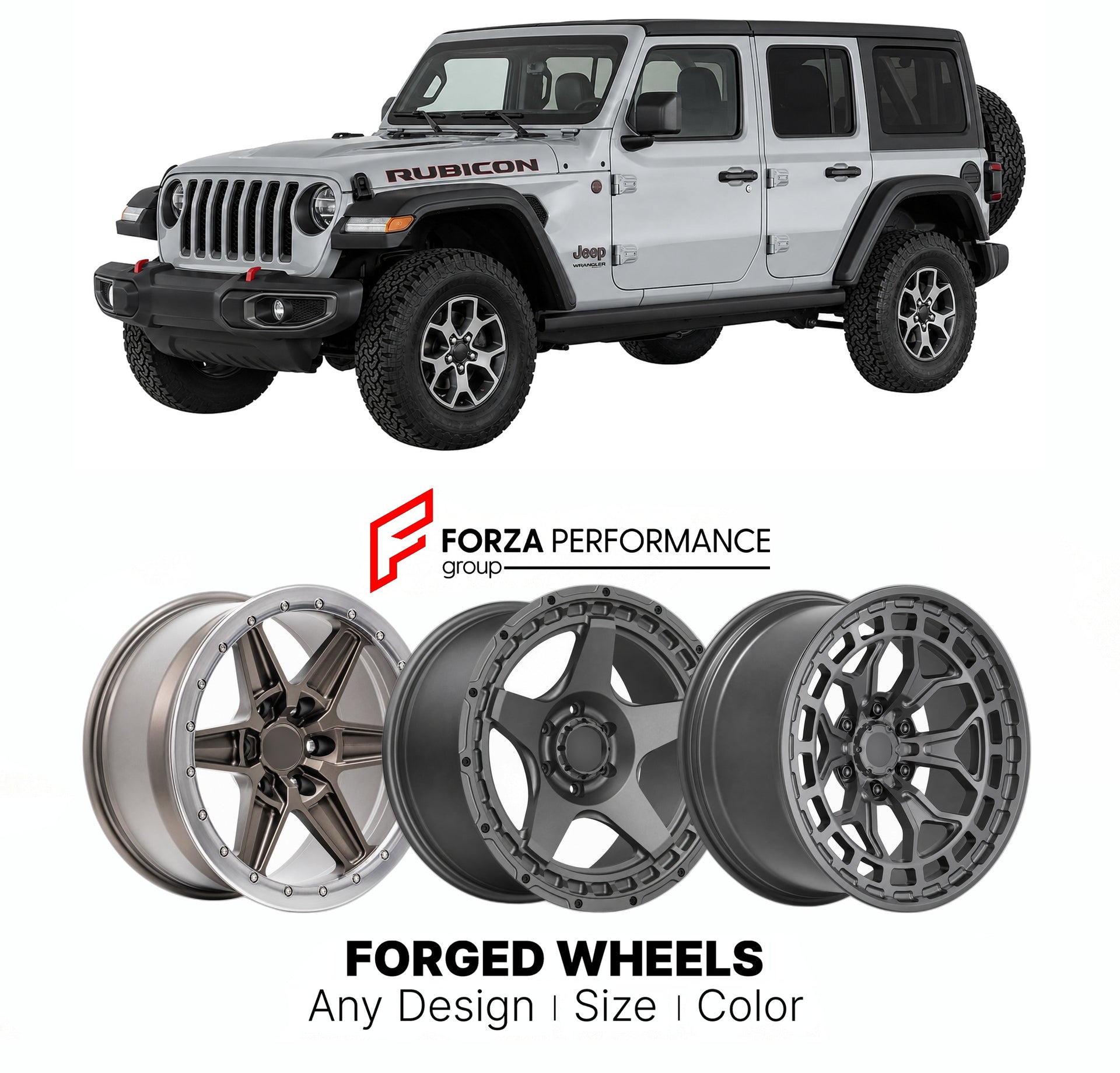 FORGED WHEELS RIMS for JEEP WRANGLER RUBICON JL 2018+

Custom forged wheels for Jeep Wrangler Rubicon JL 2018+. Made-to-order monoblock, 2-piece and 3-piece rims in custom sizes, offsets, colors and finishes with guaranteed fitment.

We manufacture premium quality forged wheels rims for Jeep Wrangler Rubicon JL 2018+ in any design, size, color.

THIS WHEEL DESIGN CAN BE CUSTOM-MADE FOR YOUR CAR IN ANY SIZE AND COLOR OPTIONS
Available in monoblock, 2-piece, 3-piece, duoblock, beadlock
3D wheel renderings are