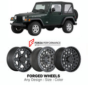 FORGED WHEELS RIMS for JEEP WRANGLER RUBICON TJ 1997 - 2006

Custom forged wheels for Jeep Wrangler Rubicon TJ 1997 - 2006. Made-to-order monoblock, 2-piece and 3-piece rims in custom sizes, offsets, colors and finishes with guaranteed fitment.

We manufacture premium quality forged wheels rims for Jeep Wrangler Rubicon TJ 1997 - 2006 in any design, size, color.

THIS WHEEL DESIGN CAN BE CUSTOM-MADE FOR YOUR CAR IN ANY SIZE AND COLOR OPTIONS
Available in monoblock, 2-piece, 3-piece, duoblock, beadlock
3D wh