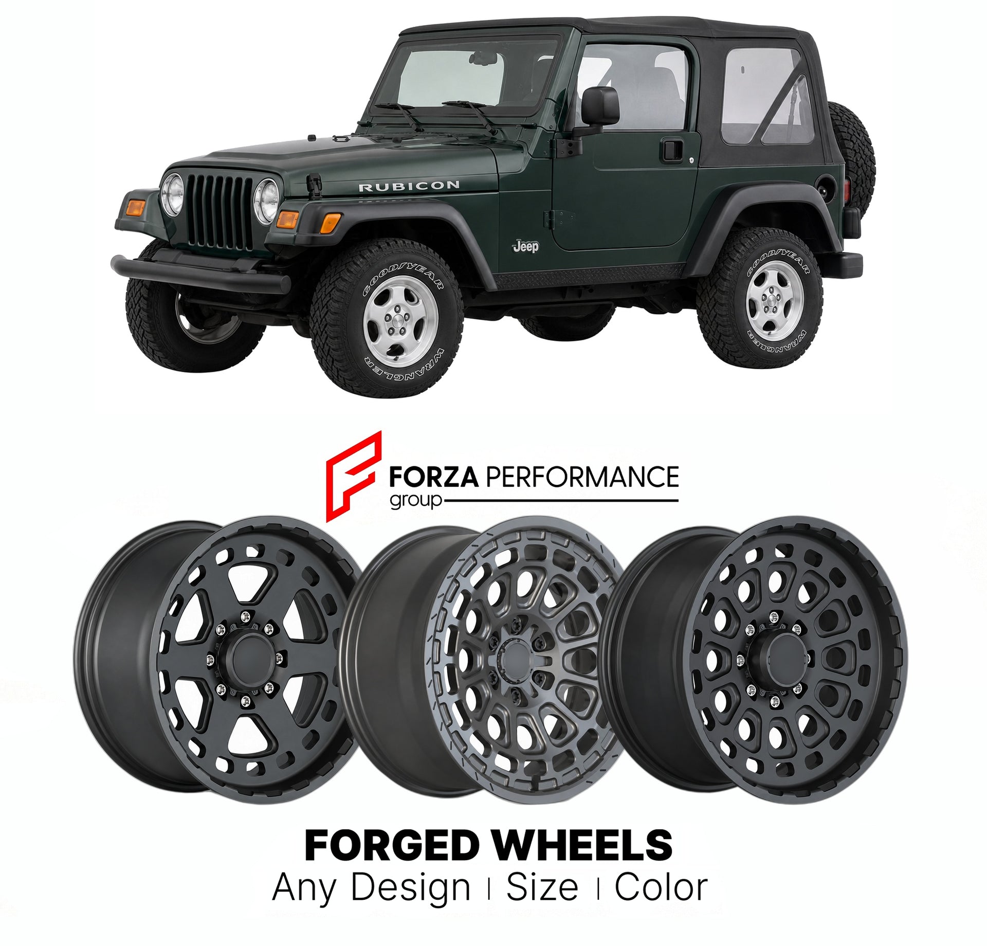 FORGED WHEELS RIMS for JEEP WRANGLER RUBICON TJ 1997 - 2006

Custom forged wheels for Jeep Wrangler Rubicon TJ 1997 - 2006. Made-to-order monoblock, 2-piece and 3-piece rims in custom sizes, offsets, colors and finishes with guaranteed fitment.

We manufacture premium quality forged wheels rims for Jeep Wrangler Rubicon TJ 1997 - 2006 in any design, size, color.

THIS WHEEL DESIGN CAN BE CUSTOM-MADE FOR YOUR CAR IN ANY SIZE AND COLOR OPTIONS
Available in monoblock, 2-piece, 3-piece, duoblock, beadlock
3D wh