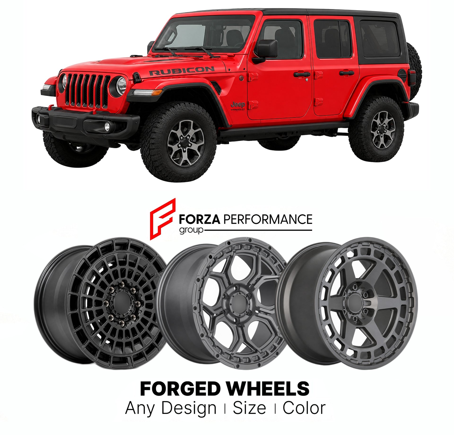FORGED WHEELS RIMS for JEEP WRANGLER RUBICON X JL 2018+

Custom forged wheels for Jeep Wrangler Rubicon X JL 2018+. Made-to-order monoblock, 2-piece and 3-piece rims in custom sizes, offsets, colors and finishes with guaranteed fitment.

We manufacture premium quality forged wheels rims for Jeep Wrangler Rubicon X JL 2018+ in any design, size, color.

THIS WHEEL DESIGN CAN BE CUSTOM-MADE FOR YOUR CAR IN ANY SIZE AND COLOR OPTIONS
Available in monoblock, 2-piece, 3-piece, duoblock, beadlock
3D wheel renderin