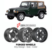 FORGED WHEELS RIMS for JEEP WRANGLER SE TJ 1997 - 2006

Custom forged wheels for Jeep Wrangler SE TJ 1997 - 2006. Made-to-order monoblock, 2-piece and 3-piece rims in custom sizes, offsets, colors and finishes with guaranteed fitment.

We manufacture premium quality forged wheels rims for Jeep Wrangler SE TJ 1997 - 2006 in any design, size, color.

THIS WHEEL DESIGN CAN BE CUSTOM-MADE FOR YOUR CAR IN ANY SIZE AND COLOR OPTIONS
Available in monoblock, 2-piece, 3-piece, duoblock, beadlock
3D wheel renderings 