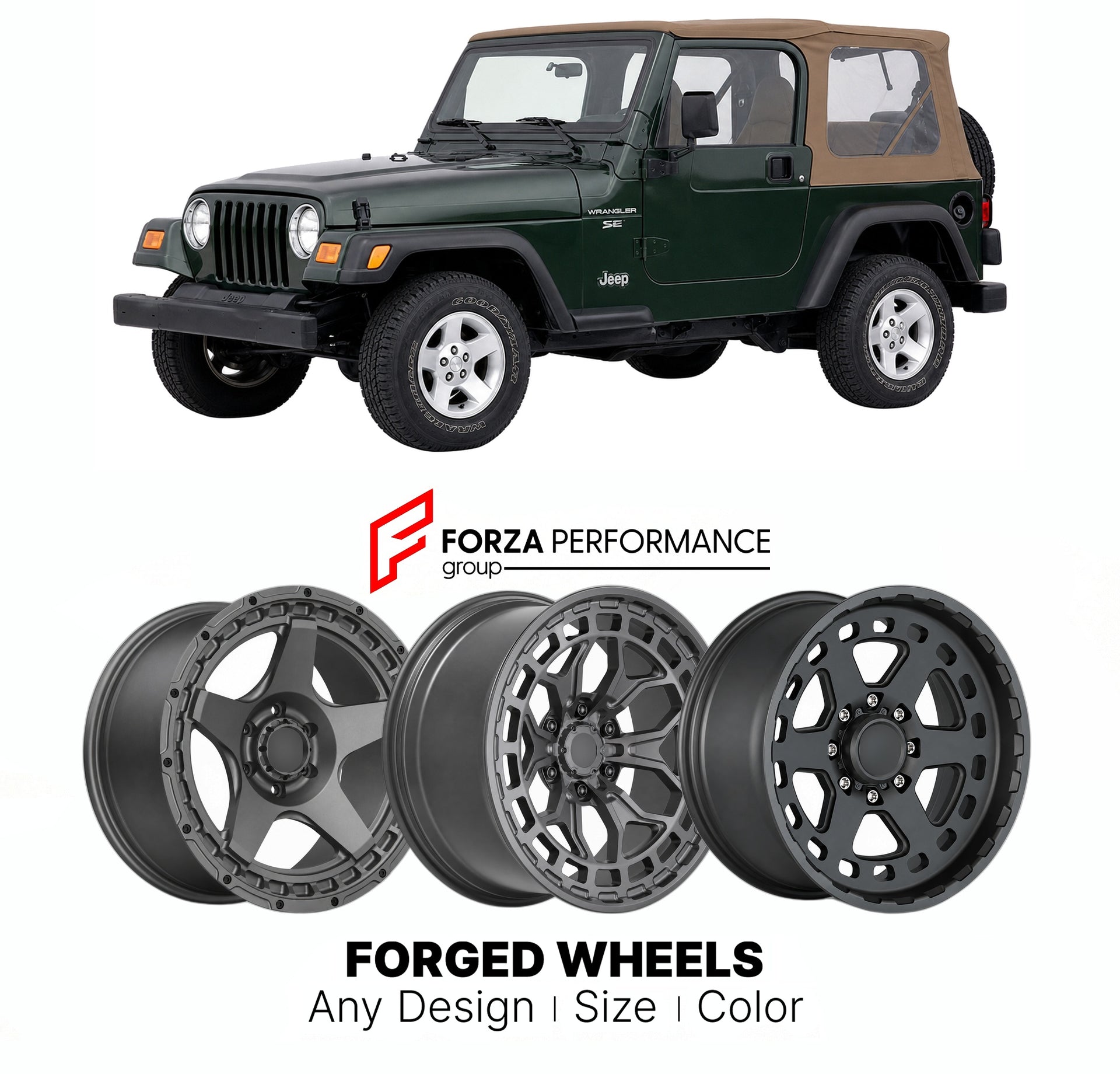 FORGED WHEELS RIMS for JEEP WRANGLER SE TJ 1997 - 2006

Custom forged wheels for Jeep Wrangler SE TJ 1997 - 2006. Made-to-order monoblock, 2-piece and 3-piece rims in custom sizes, offsets, colors and finishes with guaranteed fitment.

We manufacture premium quality forged wheels rims for Jeep Wrangler SE TJ 1997 - 2006 in any design, size, color.

THIS WHEEL DESIGN CAN BE CUSTOM-MADE FOR YOUR CAR IN ANY SIZE AND COLOR OPTIONS
Available in monoblock, 2-piece, 3-piece, duoblock, beadlock
3D wheel renderings 