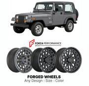 FORGED WHEELS RIMS for JEEP WRANGLER SE YJ 1990 - 1995

Custom forged wheels for Jeep Wrangler SE YJ 1990 - 1995. Made-to-order monoblock, 2-piece and 3-piece rims in custom sizes, offsets, colors and finishes with guaranteed fitment.

We manufacture premium quality forged wheels rims for Jeep Wrangler SE YJ 1990 - 1995 in any design, size, color.

THIS WHEEL DESIGN CAN BE CUSTOM-MADE FOR YOUR CAR IN ANY SIZE AND COLOR OPTIONS
Available in monoblock, 2-piece, 3-piece, duoblock, beadlock
3D wheel renderings 