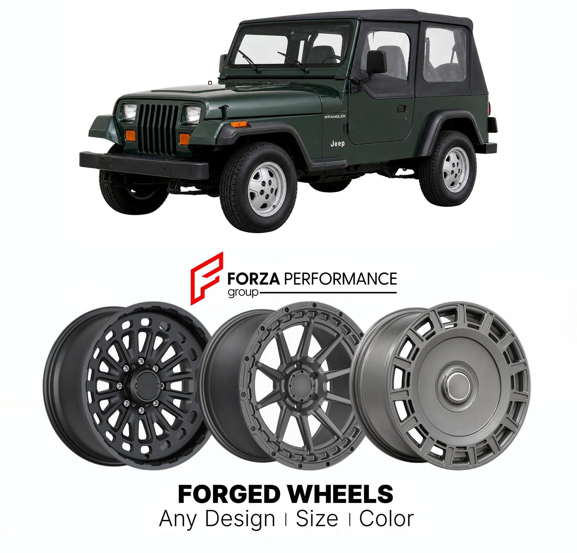 FORGED WHEELS RIMS for JEEP WRANGLER S YJ 1990 - 1995

Custom forged wheels for Jeep Wrangler S YJ 1990 - 1995. Made-to-order monoblock, 2-piece and 3-piece rims in custom sizes, offsets, colors and finishes with guaranteed fitment.

We manufacture premium quality forged wheels rims for Jeep Wrangler S YJ 1990 - 1995 in any design, size, color.

THIS WHEEL DESIGN CAN BE CUSTOM-MADE FOR YOUR CAR IN ANY SIZE AND COLOR OPTIONS
Available in monoblock, 2-piece, 3-piece, duoblock, beadlock
3D wheel renderings are