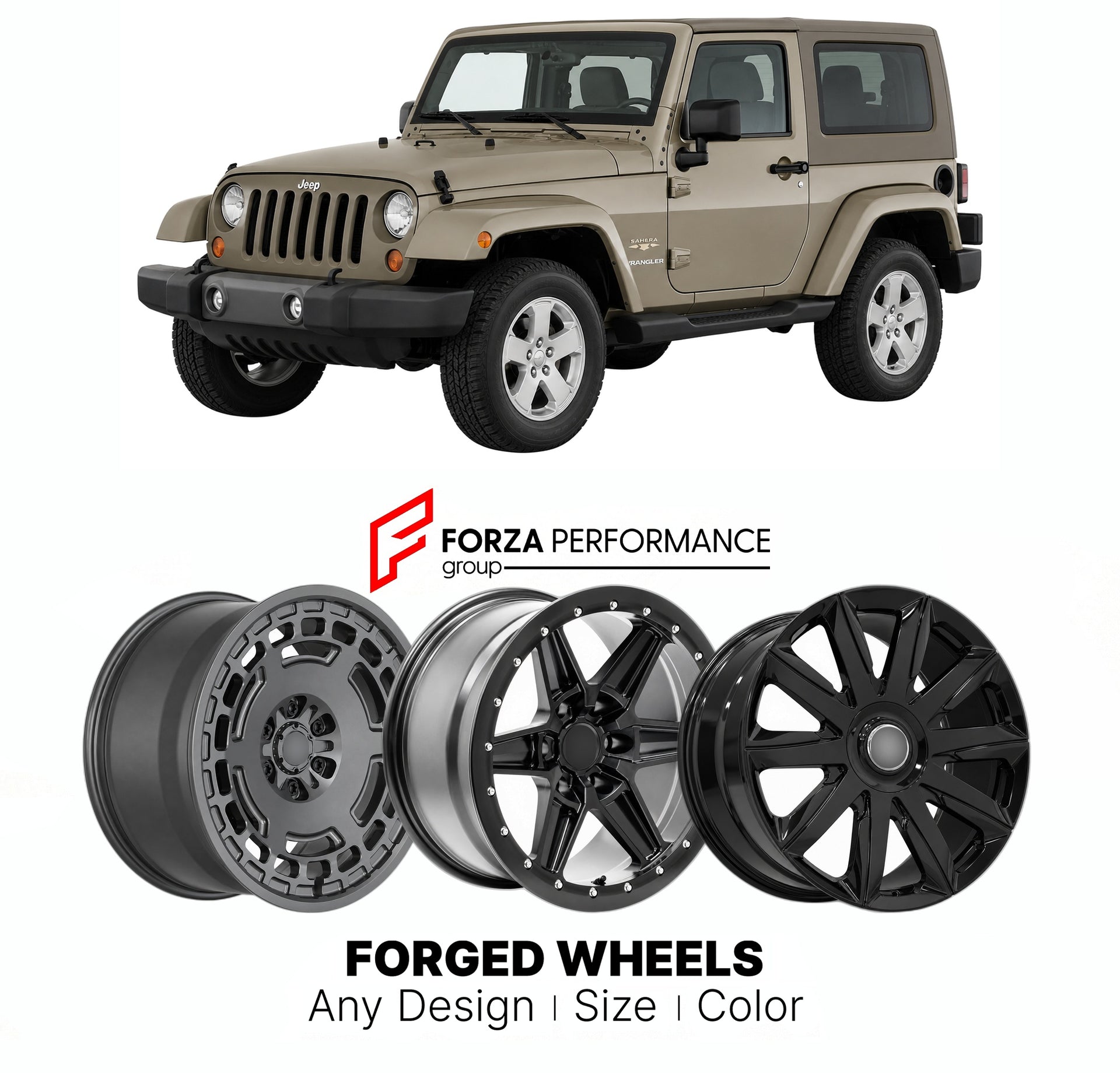 FORGED WHEELS RIMS for JEEP WRANGLER SAHARA JK 2007 - 2018

Custom forged wheels for Jeep Wrangler Sahara JK 2007 - 2018. Made-to-order monoblock, 2-piece and 3-piece rims in custom sizes, offsets, colors and finishes with guaranteed fitment.

We manufacture premium quality forged wheels rims for Jeep Wrangler Sahara JK 2007 - 2018 in any design, size, color.

THIS WHEEL DESIGN CAN BE CUSTOM-MADE FOR YOUR CAR IN ANY SIZE AND COLOR OPTIONS
Available in monoblock, 2-piece, 3-piece, duoblock, beadlock
3D wheel