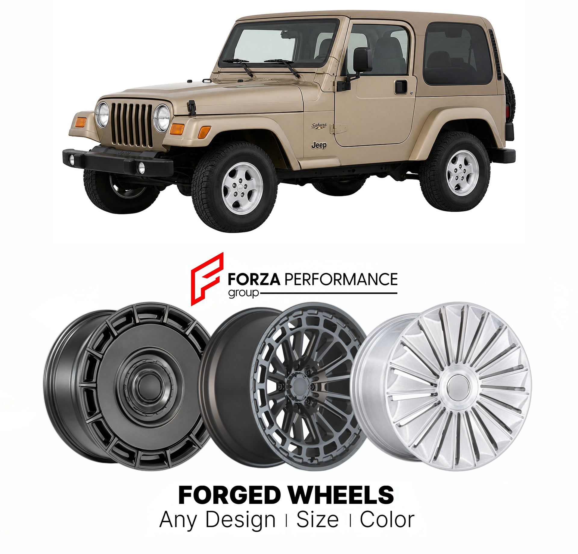 FORGED WHEELS RIMS for JEEP WRANGLER SAHARA TJ 1997 - 2006

Custom forged wheels for Jeep Wrangler Sahara TJ 1997 - 2006. Made-to-order monoblock, 2-piece and 3-piece rims in custom sizes, offsets, colors and finishes with guaranteed fitment.

We manufacture premium quality forged wheels rims for Jeep Wrangler Sahara TJ 1997 - 2006 in any design, size, color.

THIS WHEEL DESIGN CAN BE CUSTOM-MADE FOR YOUR CAR IN ANY SIZE AND COLOR OPTIONS
Available in monoblock, 2-piece, 3-piece, duoblock, beadlock
3D wheel
