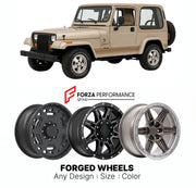 FORGED WHEELS RIMS for JEEP WRANGLER SAHARA YJ 1990 - 1995

Custom forged wheels for Jeep Wrangler Sahara YJ 1990 - 1995. Made-to-order monoblock, 2-piece and 3-piece rims in custom sizes, offsets, colors and finishes with guaranteed fitment.

We manufacture premium quality forged wheels rims for Jeep Wrangler Sahara YJ 1990 - 1995 in any design, size, color.

THIS WHEEL DESIGN CAN BE CUSTOM-MADE FOR YOUR CAR IN ANY SIZE AND COLOR OPTIONS
Available in monoblock, 2-piece, 3-piece, duoblock, beadlock
3D wheel
