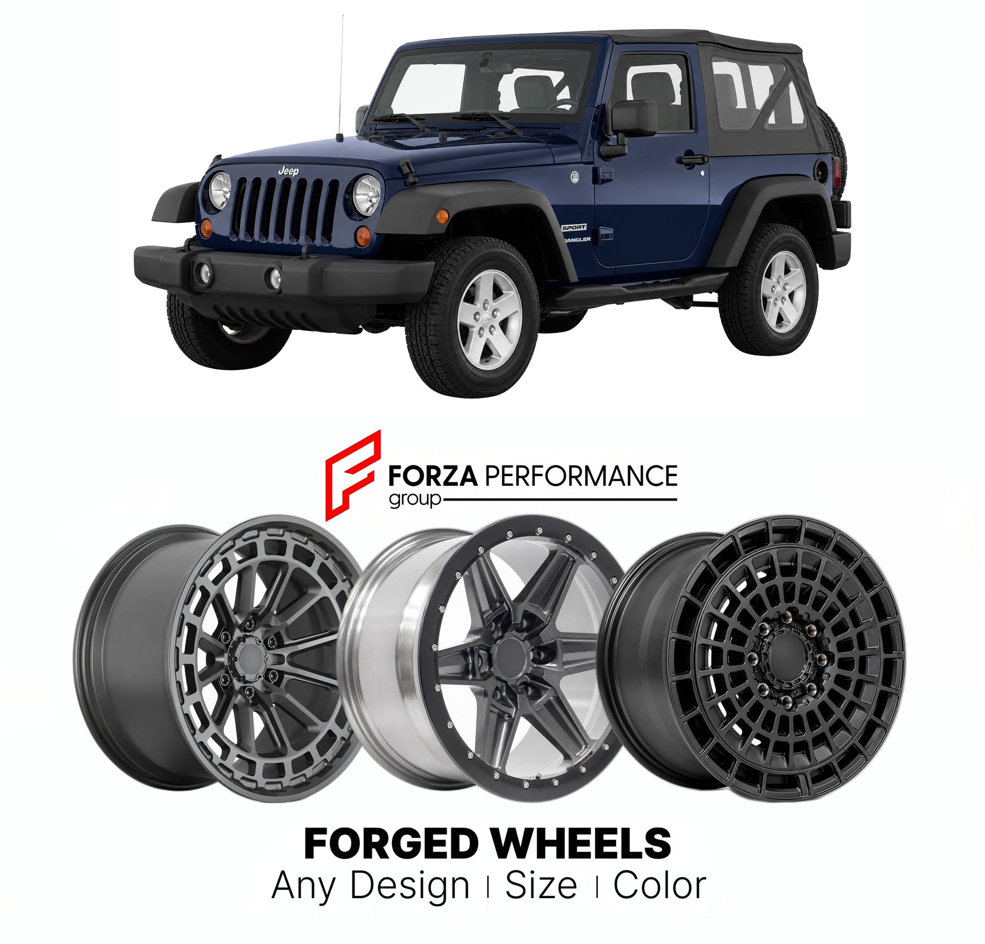 FORGED WHEELS RIMS for JEEP WRANGLER SPORT JK 2007 - 2018

Custom forged wheels for Jeep Wrangler Sport JK 2007 - 2018. Made-to-order monoblock, 2-piece and 3-piece rims in custom sizes, offsets, colors and finishes with guaranteed fitment.

We manufacture premium quality forged wheels rims for Jeep Wrangler Sport JK 2007 - 2018 in any design, size, color.

THIS WHEEL DESIGN CAN BE CUSTOM-MADE FOR YOUR CAR IN ANY SIZE AND COLOR OPTIONS
Available in monoblock, 2-piece, 3-piece, duoblock, beadlock
3D wheel re