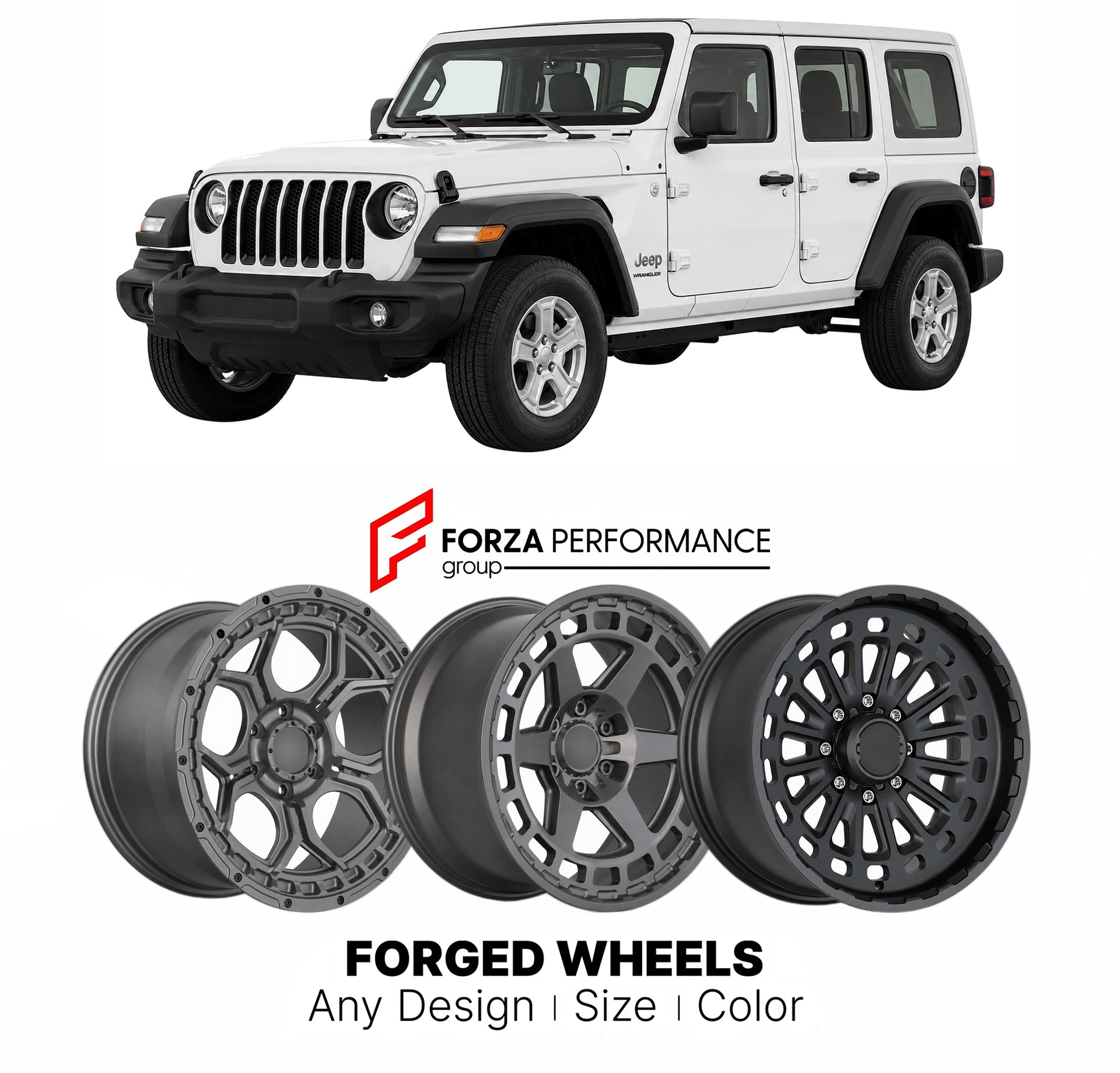 FORGED WHEELS RIMS for JEEP WRANGLER SPORT JL 2018+

Custom forged wheels for Jeep Wrangler Sport JL 2018+. Made-to-order monoblock, 2-piece and 3-piece rims in custom sizes, offsets, colors and finishes with guaranteed fitment.

We manufacture premium quality forged wheels rims for Jeep Wrangler Sport JL 2018+ in any design, size, color.

THIS WHEEL DESIGN CAN BE CUSTOM-MADE FOR YOUR CAR IN ANY SIZE AND COLOR OPTIONS
Available in monoblock, 2-piece, 3-piece, duoblock, beadlock
3D wheel renderings are provi