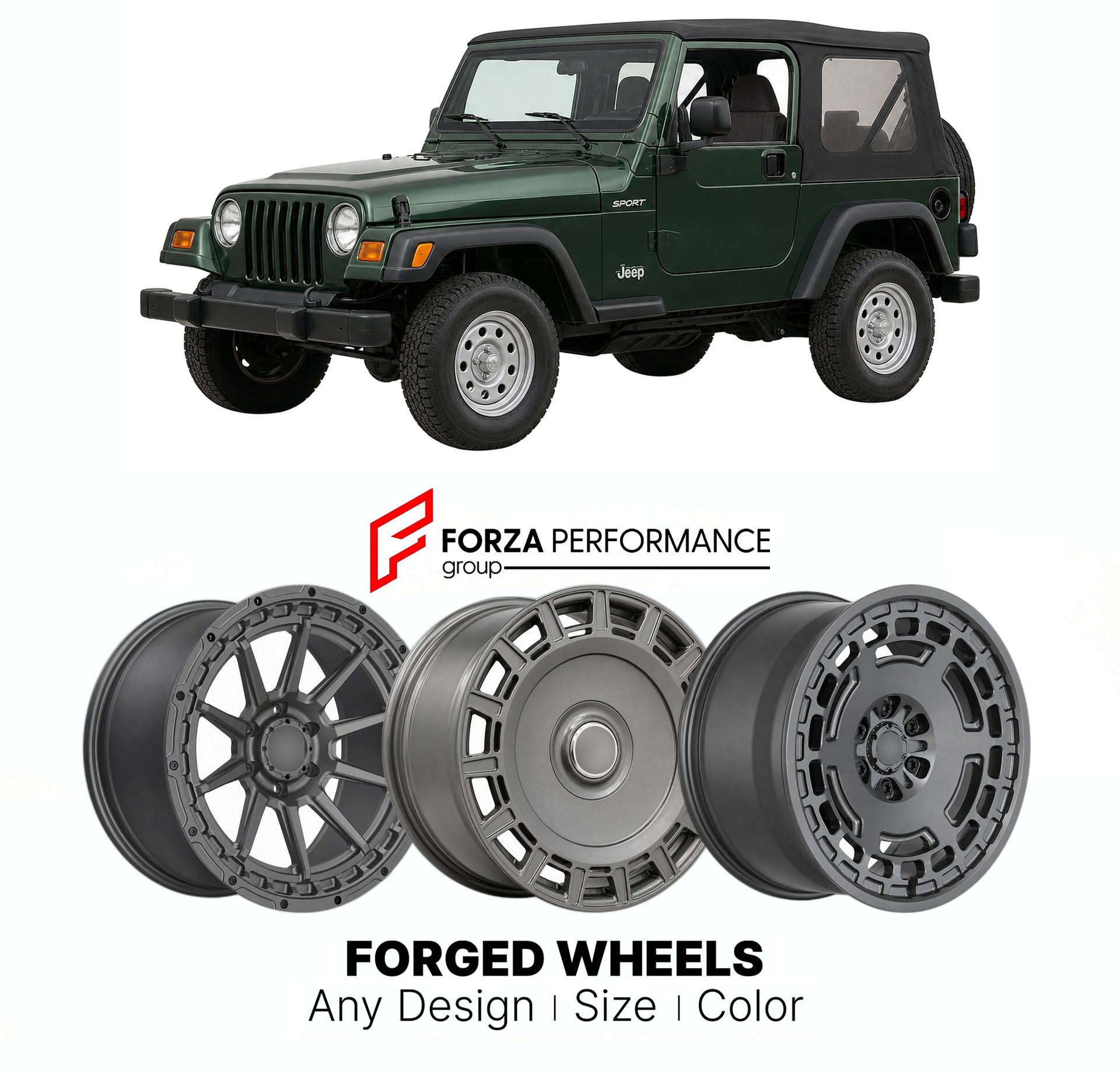 FORGED WHEELS RIMS for JEEP WRANGLER SPORT TJ 1997 - 2006

Custom forged wheels for Jeep Wrangler Sport TJ 1997 - 2006. Made-to-order monoblock, 2-piece and 3-piece rims in custom sizes, offsets, colors and finishes with guaranteed fitment.

We manufacture premium quality forged wheels rims for Jeep Wrangler Sport TJ 1997 - 2006 in any design, size, color.

THIS WHEEL DESIGN CAN BE CUSTOM-MADE FOR YOUR CAR IN ANY SIZE AND COLOR OPTIONS
Available in monoblock, 2-piece, 3-piece, duoblock, beadlock
3D wheel re