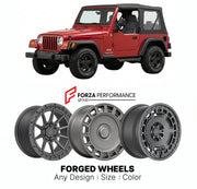 FORGED WHEELS RIMS for JEEP WRANGLER TJ 1997 - 2006

Custom forged wheels for Jeep Wrangler TJ 1997 - 2006. Made-to-order monoblock, 2-piece and 3-piece rims in custom sizes, offsets, colors and finishes with guaranteed fitment.

We manufacture premium quality forged wheels rims for Jeep Wrangler TJ 1997 - 2006 in any design, size, color.

THIS WHEEL DESIGN CAN BE CUSTOM-MADE FOR YOUR CAR IN ANY SIZE AND COLOR OPTIONS
Available in monoblock, 2-piece, 3-piece, duoblock, beadlock
3D wheel renderings are provi