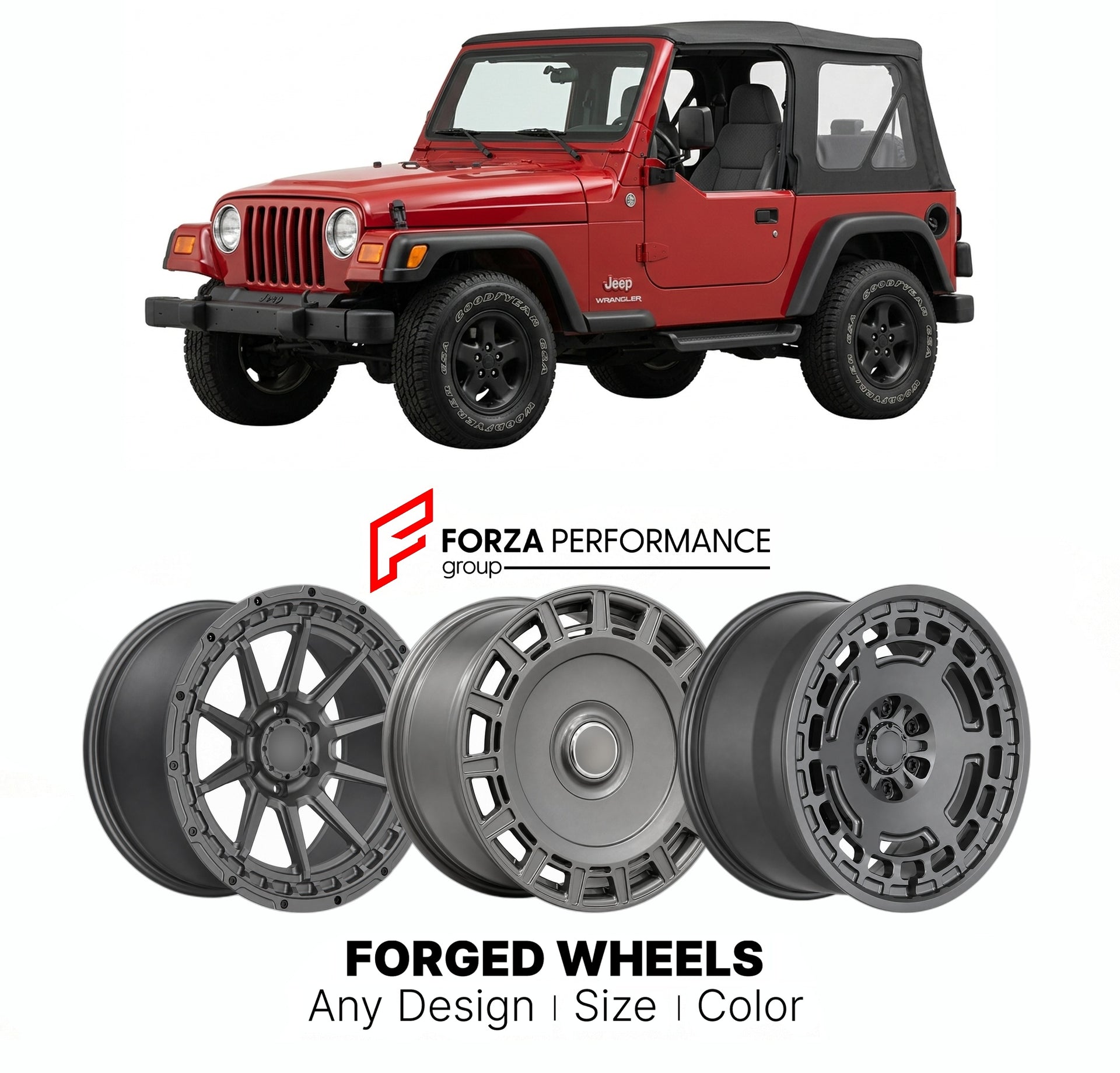 FORGED WHEELS RIMS for JEEP WRANGLER TJ 1997 - 2006

Custom forged wheels for Jeep Wrangler TJ 1997 - 2006. Made-to-order monoblock, 2-piece and 3-piece rims in custom sizes, offsets, colors and finishes with guaranteed fitment.

We manufacture premium quality forged wheels rims for Jeep Wrangler TJ 1997 - 2006 in any design, size, color.

THIS WHEEL DESIGN CAN BE CUSTOM-MADE FOR YOUR CAR IN ANY SIZE AND COLOR OPTIONS
Available in monoblock, 2-piece, 3-piece, duoblock, beadlock
3D wheel renderings are provi