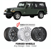 FORGED WHEELS RIMS for JEEP WRANGLER UNLIMITED LJ TJ 1997 - 2006

Custom forged wheels for Jeep Wrangler Unlimited LJ TJ 1997 - 2006. Made-to-order monoblock, 2-piece and 3-piece rims in custom sizes, offsets, colors and finishes with guaranteed fitment.

We manufacture premium quality forged wheels rims for Jeep Wrangler Unlimited LJ TJ 1997 - 2006 in any design, size, color.

THIS WHEEL DESIGN CAN BE CUSTOM-MADE FOR YOUR CAR IN ANY SIZE AND COLOR OPTIONS
Available in monoblock, 2-piece, 3-piece, duoblock,