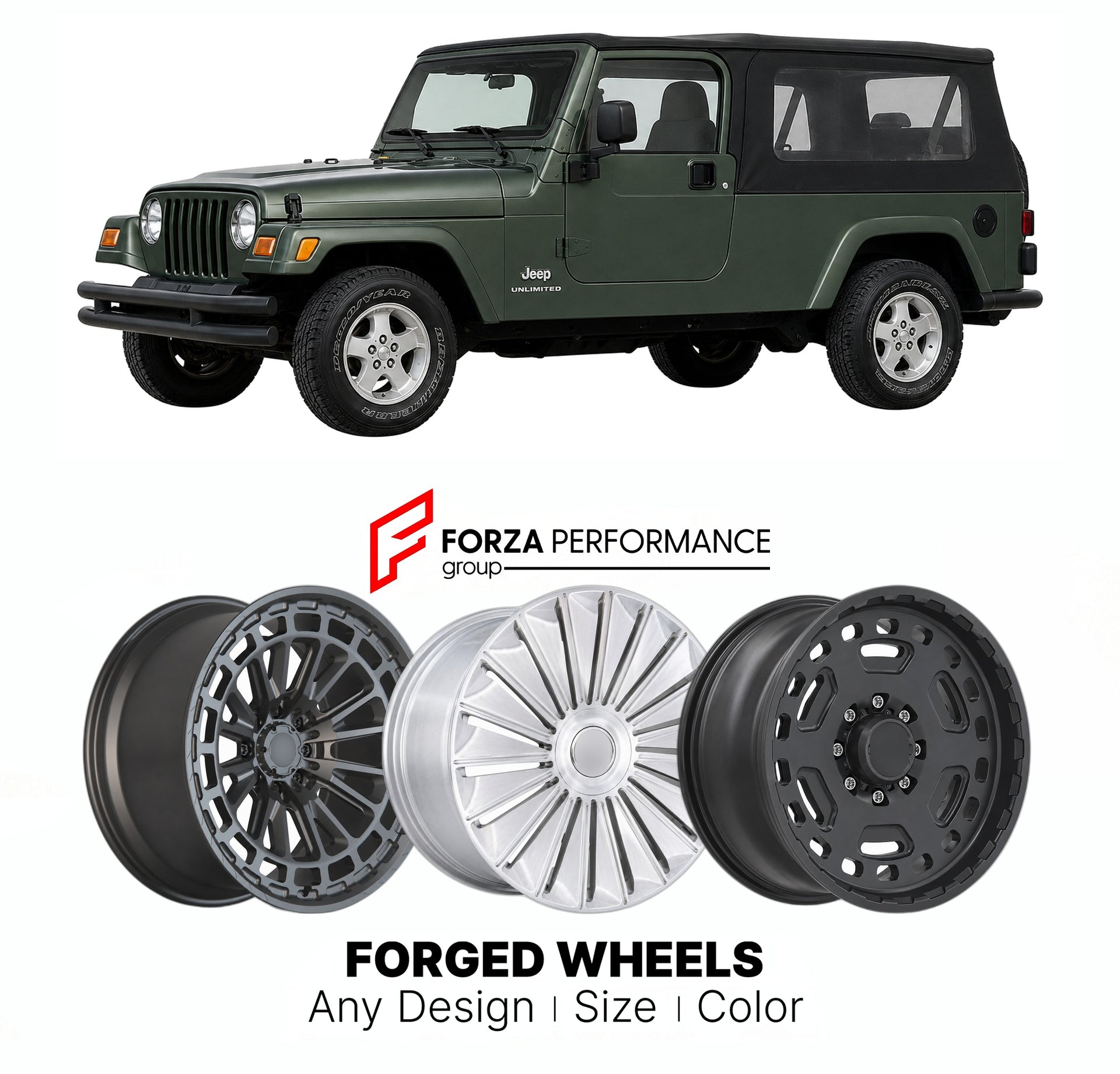 FORGED WHEELS RIMS for JEEP WRANGLER UNLIMITED LJ TJ 1997 - 2006

Custom forged wheels for Jeep Wrangler Unlimited LJ TJ 1997 - 2006. Made-to-order monoblock, 2-piece and 3-piece rims in custom sizes, offsets, colors and finishes with guaranteed fitment.

We manufacture premium quality forged wheels rims for Jeep Wrangler Unlimited LJ TJ 1997 - 2006 in any design, size, color.

THIS WHEEL DESIGN CAN BE CUSTOM-MADE FOR YOUR CAR IN ANY SIZE AND COLOR OPTIONS
Available in monoblock, 2-piece, 3-piece, duoblock,