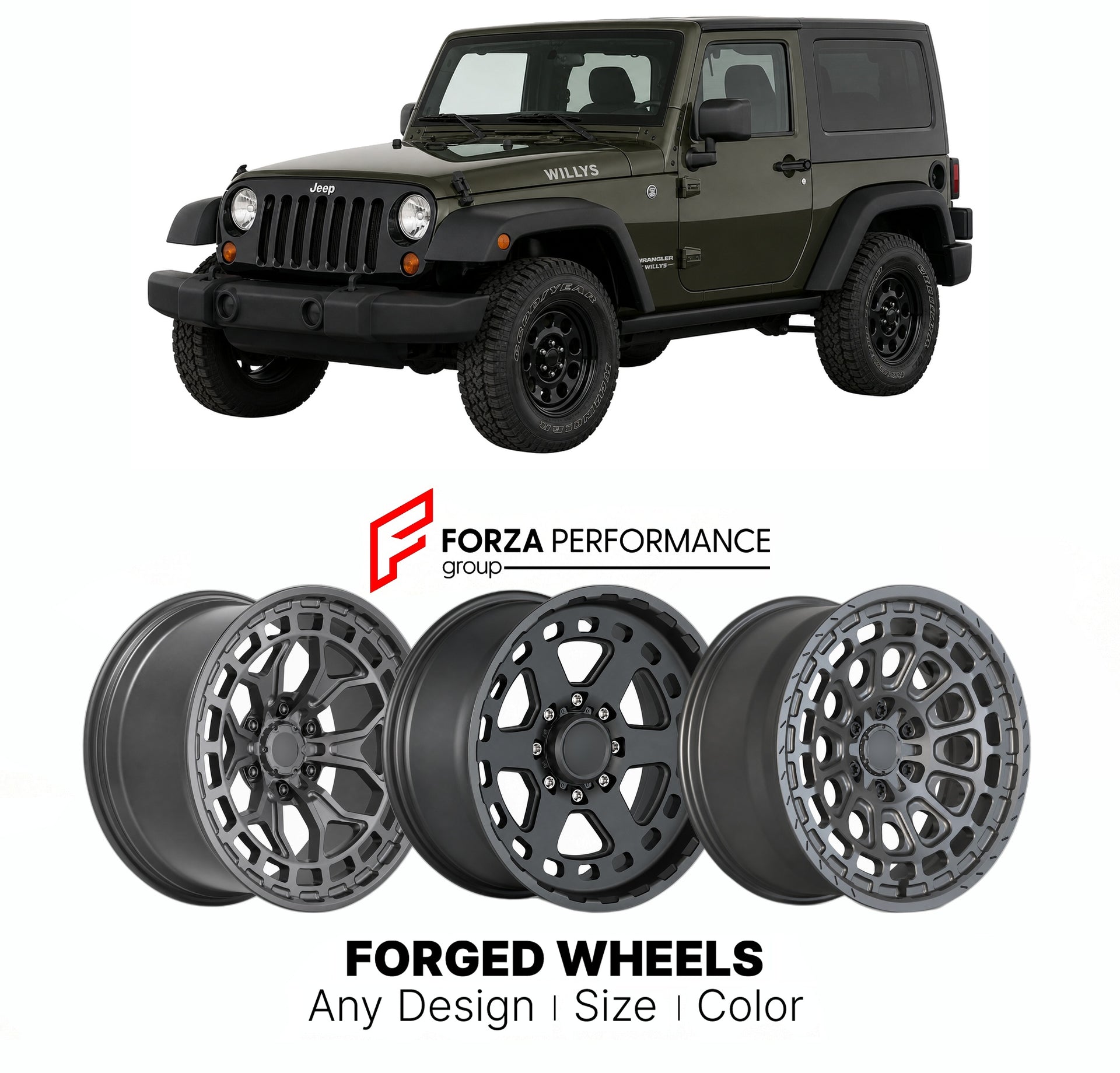 FORGED WHEELS RIMS for JEEP WRANGLER WILLYS WHEELER JK 2007 - 2018

Custom forged wheels for Jeep Wrangler Willys Wheeler JK 2007 - 2018. Made-to-order monoblock, 2-piece and 3-piece rims in custom sizes, offsets, colors and finishes with guaranteed fitment.

We manufacture premium quality forged wheels rims for Jeep Wrangler Willys Wheeler JK 2007 - 2018 in any design, size, color.

THIS WHEEL DESIGN CAN BE CUSTOM-MADE FOR YOUR CAR IN ANY SIZE AND COLOR OPTIONS
Available in monoblock, 2-piece, 3-piece, duo