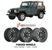 FORGED WHEELS RIMS for JEEP WRANGLER X TJ 1997 - 2006

Custom forged wheels for Jeep Wrangler X TJ 1997 - 2006. Made-to-order monoblock, 2-piece and 3-piece rims in custom sizes, offsets, colors and finishes with guaranteed fitment.

We manufacture premium quality forged wheels rims for Jeep Wrangler X TJ 1997 - 2006 in any design, size, color.

THIS WHEEL DESIGN CAN BE CUSTOM-MADE FOR YOUR CAR IN ANY SIZE AND COLOR OPTIONS
Available in monoblock, 2-piece, 3-piece, duoblock, beadlock
3D wheel renderings are
