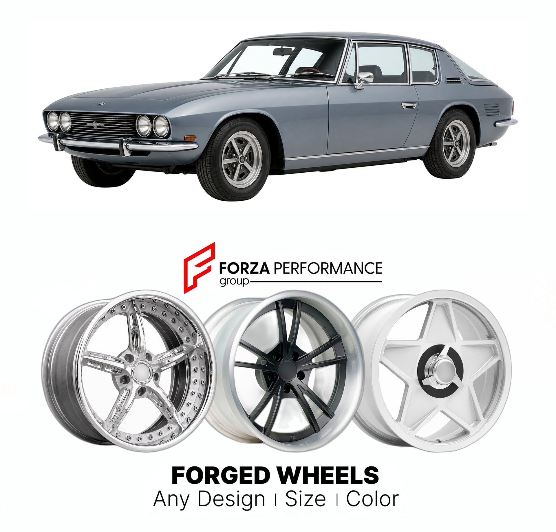 CUSTOM CLASSIC VINTAGE RESTOMOD RETRO OLD SCHOOL FORGED WHEELS RIMS for JENSEN FF 1966 - 1971

Custom forged wheels for Jensen FF 1966 - 1971. Classic, vintage, restomod wheel designs made to order in custom sizes, offsets, colors and finishes.

We manufacture premium quality forged wheels rims for Jensen FF 1966 - 1971 in any design, size, color.

THIS WHEEL DESIGN CAN BE CUSTOM-MADE FOR YOUR CAR IN ANY SIZE AND COLOR OPTIONS
Available in monoblock, 2-piece, 3-piece, duoblock, beadlock
3D wheel renderings 