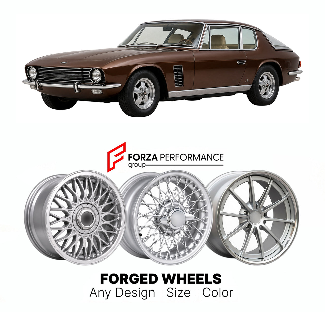 CUSTOM CLASSIC VINTAGE RESTOMOD RETRO OLD SCHOOL FORGED WHEELS RIMS for JENSEN INTERCEPTOR MK 1 1966 - 1969

Custom forged wheels for Jensen Interceptor MK 1 1966 - 1969. Classic, vintage, restomod wheel designs made to order in custom sizes, offsets, colors and finishes.

We manufacture premium quality forged wheels rims for Jensen Interceptor MK 1 1966 - 1969 in any design, size, color.

THIS WHEEL DESIGN CAN BE CUSTOM-MADE FOR YOUR CAR IN ANY SIZE AND COLOR OPTIONS
Available in monoblock, 2-piece, 3-piec