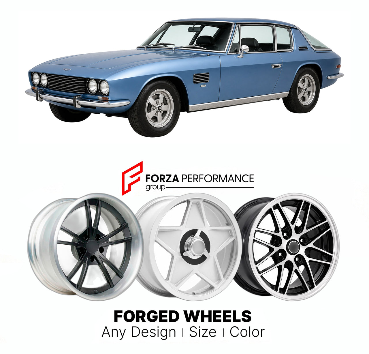 CUSTOM CLASSIC VINTAGE RESTOMOD RETRO OLD SCHOOL FORGED WHEELS RIMS for JENSEN INTERCEPTOR MK I-III 1966 - 1976

Custom forged wheels for Jensen Interceptor MK I-III 1966 - 1976. Classic, vintage, restomod wheel designs made to order in custom sizes, offsets, colors and finishes.

We manufacture premium quality forged wheels rims for Jensen Interceptor MK I-III 1966 - 1976 in any design, size, color.

THIS WHEEL DESIGN CAN BE CUSTOM-MADE FOR YOUR CAR IN ANY SIZE AND COLOR OPTIONS
Available in monoblock, 2-p