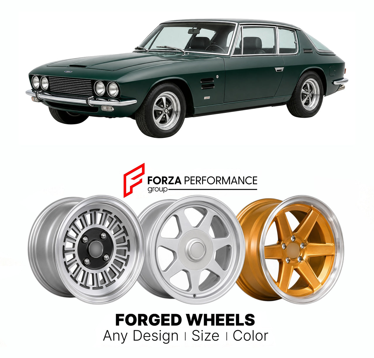 CUSTOM CLASSIC VINTAGE RESTOMOD RETRO OLD SCHOOL FORGED WHEELS RIMS for JENSEN INTERCEPTOR MK II 1969 - 1971

Custom forged wheels for Jensen Interceptor MK II 1969 - 1971. Classic, vintage, restomod wheel designs made to order in custom sizes, offsets, colors and finishes.

We manufacture premium quality forged wheels rims for Jensen Interceptor MK II 1969 - 1971 in any design, size, color.

THIS WHEEL DESIGN CAN BE CUSTOM-MADE FOR YOUR CAR IN ANY SIZE AND COLOR OPTIONS
Available in monoblock, 2-piece, 3-p