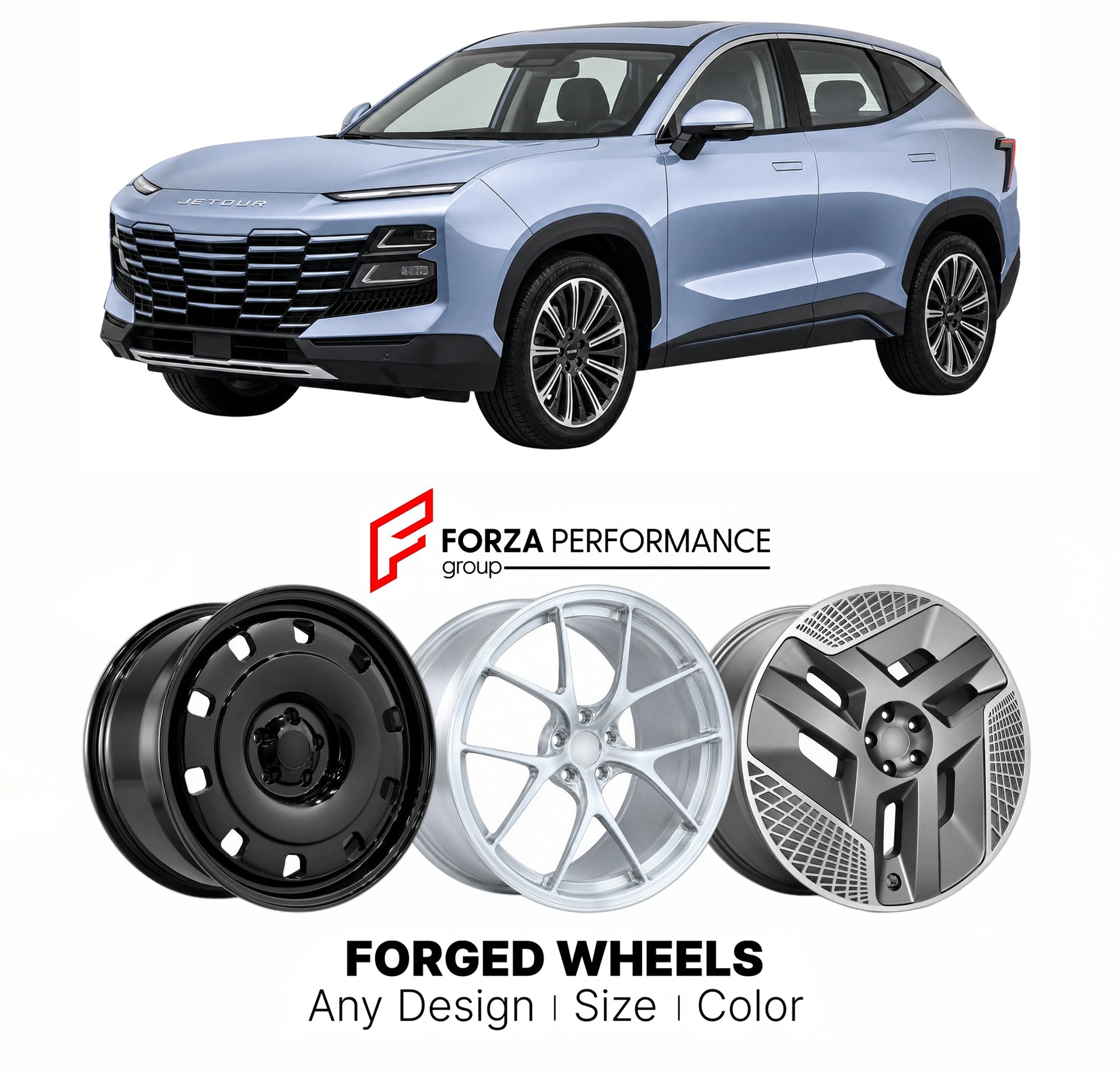 Custom forged wheels for Jetour Chery Dashing 2022+. Made-to-order monoblock, 2-piece and 3-piece wheels in custom sizes, offsets, colors and finishes with guaranteed vehicle fitment.

We manufacture premium quality forged wheels rims for Jetour Chery Dashing 2022+ in any design, size, color.

THIS WHEEL DESIGN CAN BE CUSTOM-MADE FOR YOUR CAR IN ANY SIZE AND COLOR OPTIONS
Available in monoblock, 2-piece, 3-piece, duoblock, beadlock
3D wheel renderings are provided according to the exact dimensions and speci