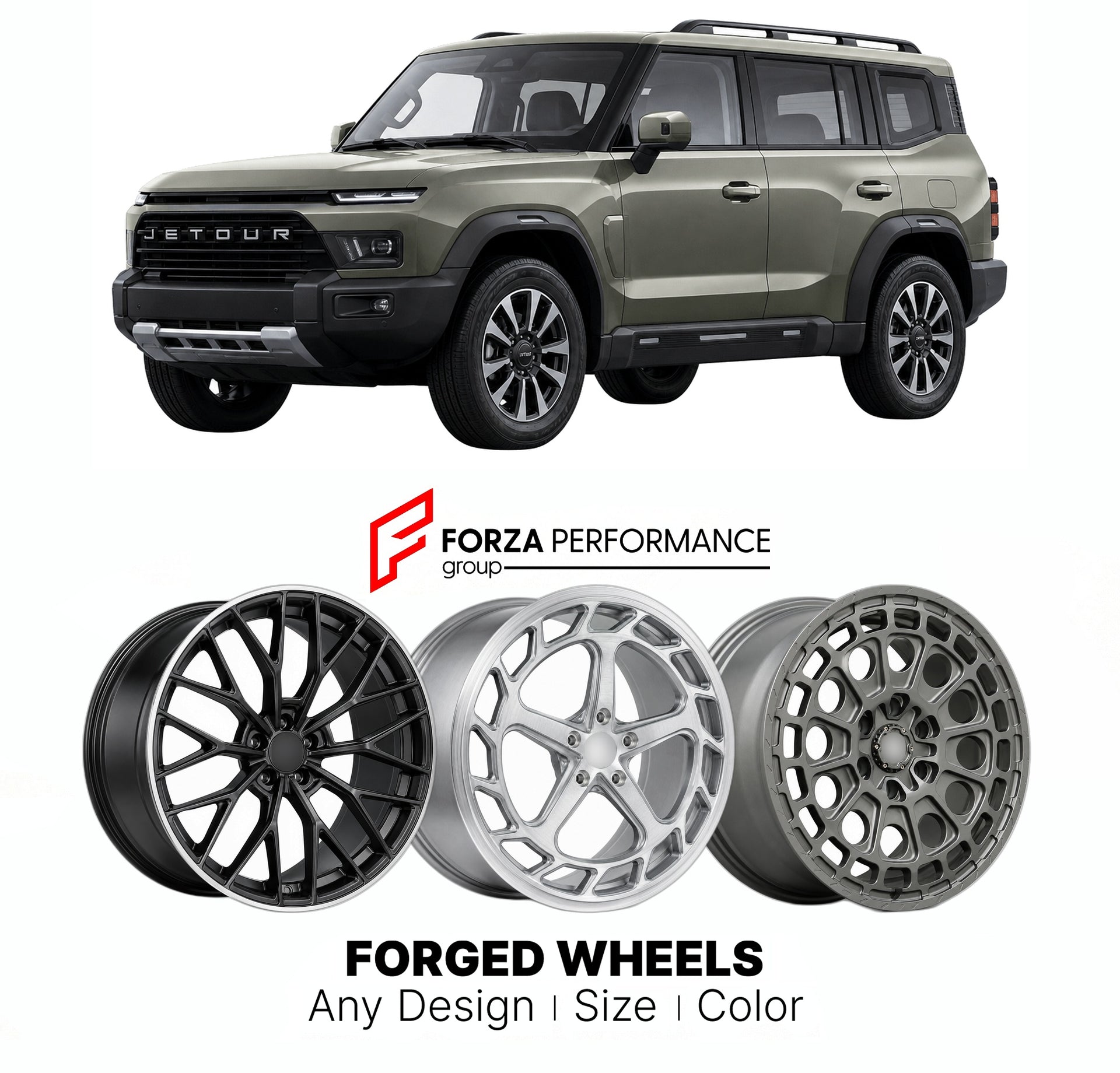 Custom forged wheels for Jetour Chery T2 Traveller 2023+. Made-to-order monoblock, 2-piece and 3-piece wheels in custom sizes, offsets, colors and finishes with guaranteed vehicle fitment.

We manufacture premium quality forged wheels rims for Jetour Chery T2 Traveller 2023+ in any design, size, color.

THIS WHEEL DESIGN CAN BE CUSTOM-MADE FOR YOUR CAR IN ANY SIZE AND COLOR OPTIONS
Available in monoblock, 2-piece, 3-piece, duoblock, beadlock
3D wheel renderings are provided according to the exact dimensions
