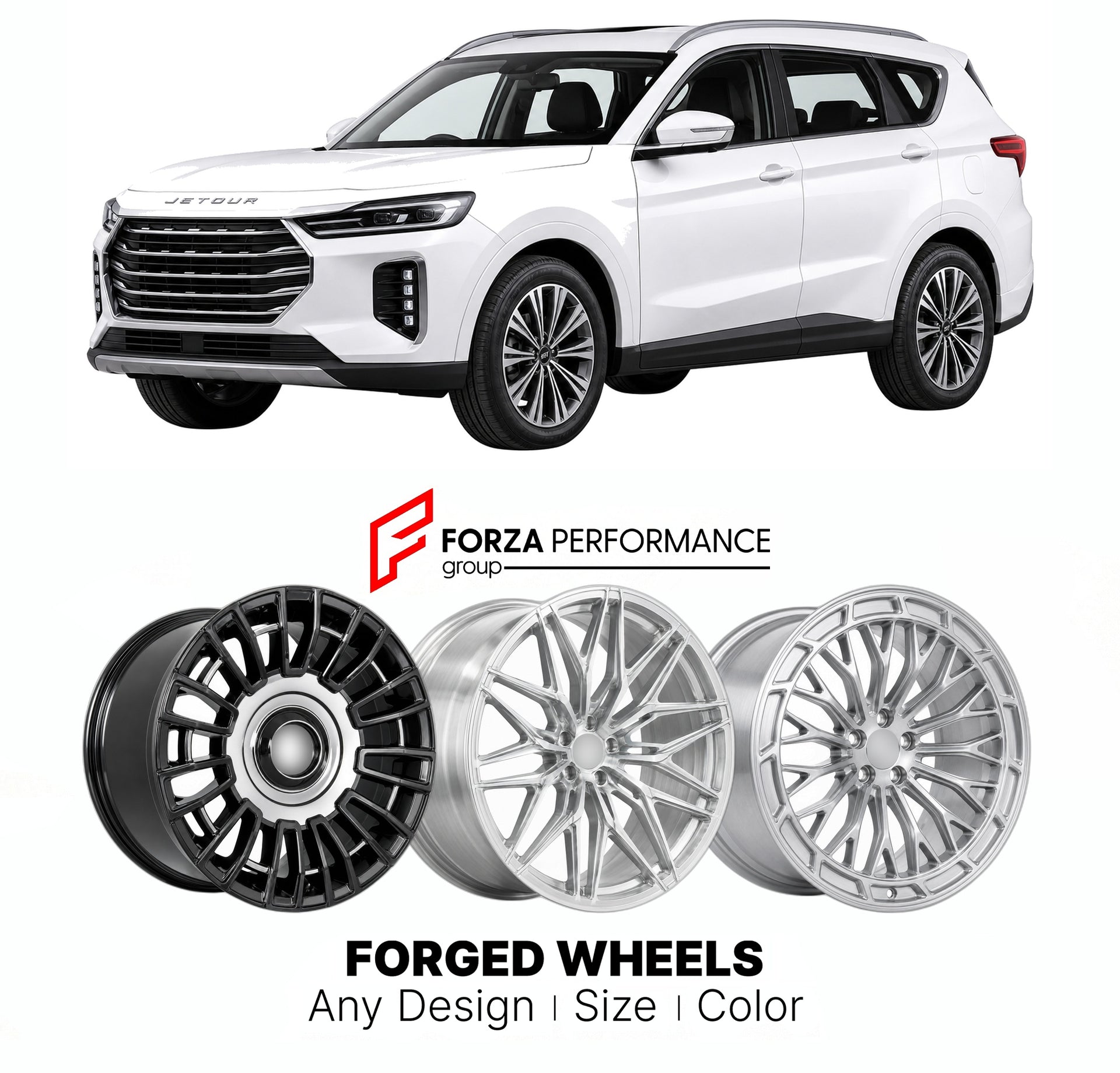 Custom forged wheels for Jetour Chery X70 Plus 2020+. Made-to-order monoblock, 2-piece and 3-piece wheels in custom sizes, offsets, colors and finishes with guaranteed vehicle fitment.

We manufacture premium quality forged wheels rims for Jetour Chery X70 Plus 2020+ in any design, size, color.

THIS WHEEL DESIGN CAN BE CUSTOM-MADE FOR YOUR CAR IN ANY SIZE AND COLOR OPTIONS
Available in monoblock, 2-piece, 3-piece, duoblock, beadlock
3D wheel renderings are provided according to the exact dimensions and spe