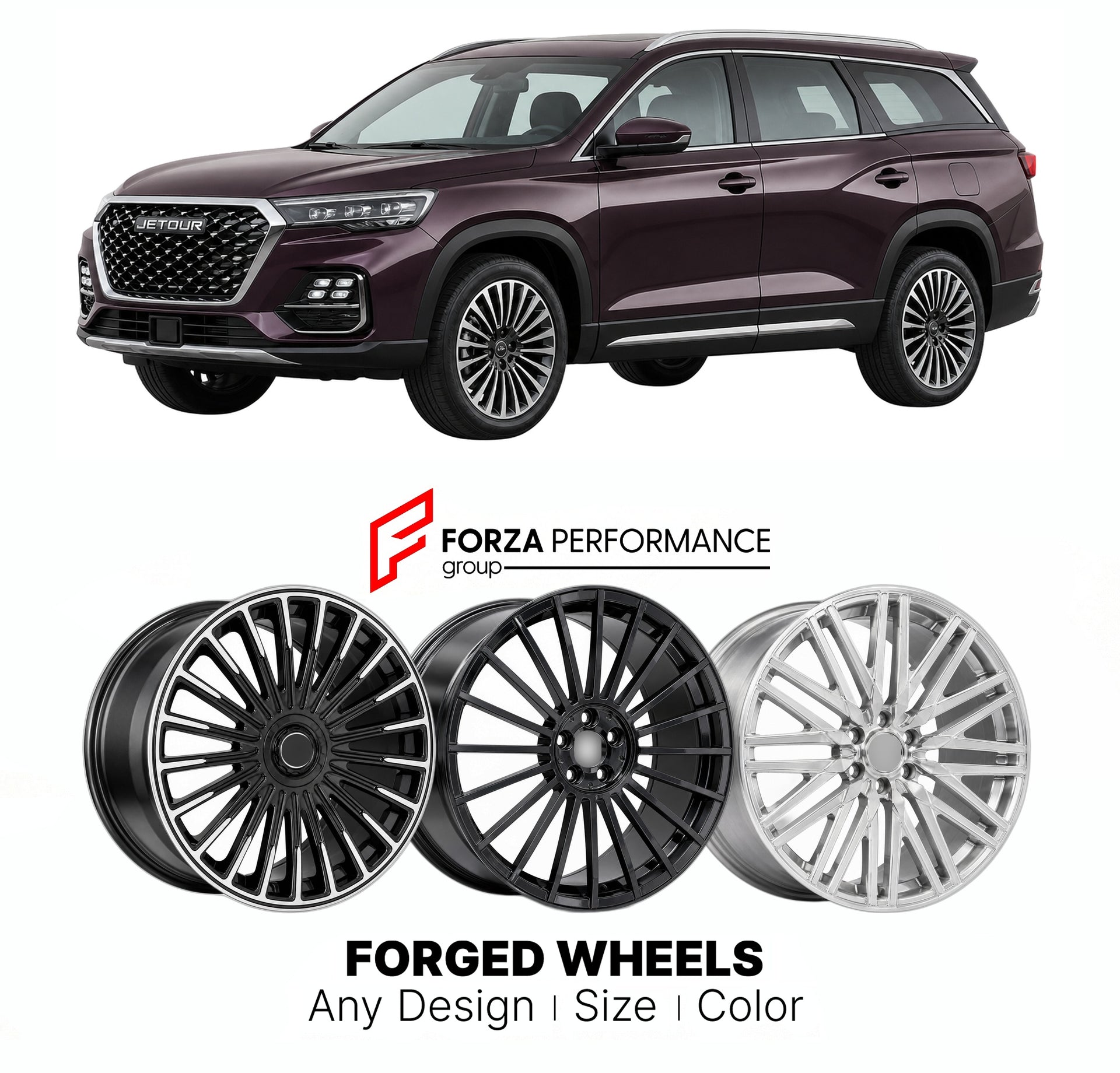 Custom forged wheels for Jetour Chery X95 2019+. Made-to-order monoblock, 2-piece and 3-piece wheels in custom sizes, offsets, colors and finishes with guaranteed vehicle fitment.

We manufacture premium quality forged wheels rims for Jetour Chery X95 2019+ in any design, size, color.

THIS WHEEL DESIGN CAN BE CUSTOM-MADE FOR YOUR CAR IN ANY SIZE AND COLOR OPTIONS
Available in monoblock, 2-piece, 3-piece, duoblock, beadlock
3D wheel renderings are provided according to the exact dimensions and specification