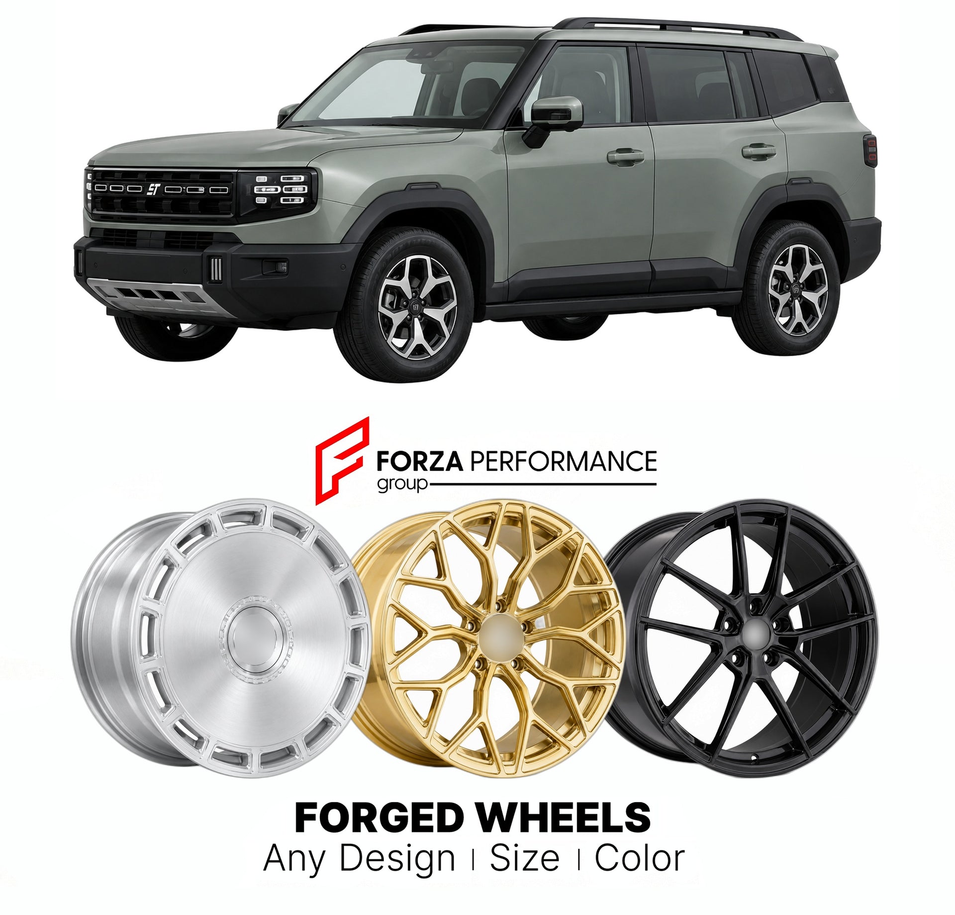 Custom forged wheels for Jetour Shanhai Chery T1 2024+. Made-to-order monoblock, 2-piece and 3-piece wheels in custom sizes, offsets, colors and finishes with guaranteed vehicle fitment.

We manufacture premium quality forged wheels rims for Jetour Shanhai Chery T1 2024+ in any design, size, color.

THIS WHEEL DESIGN CAN BE CUSTOM-MADE FOR YOUR CAR IN ANY SIZE AND COLOR OPTIONS
Available in monoblock, 2-piece, 3-piece, duoblock, beadlock
3D wheel renderings are provided according to the exact dimensions and