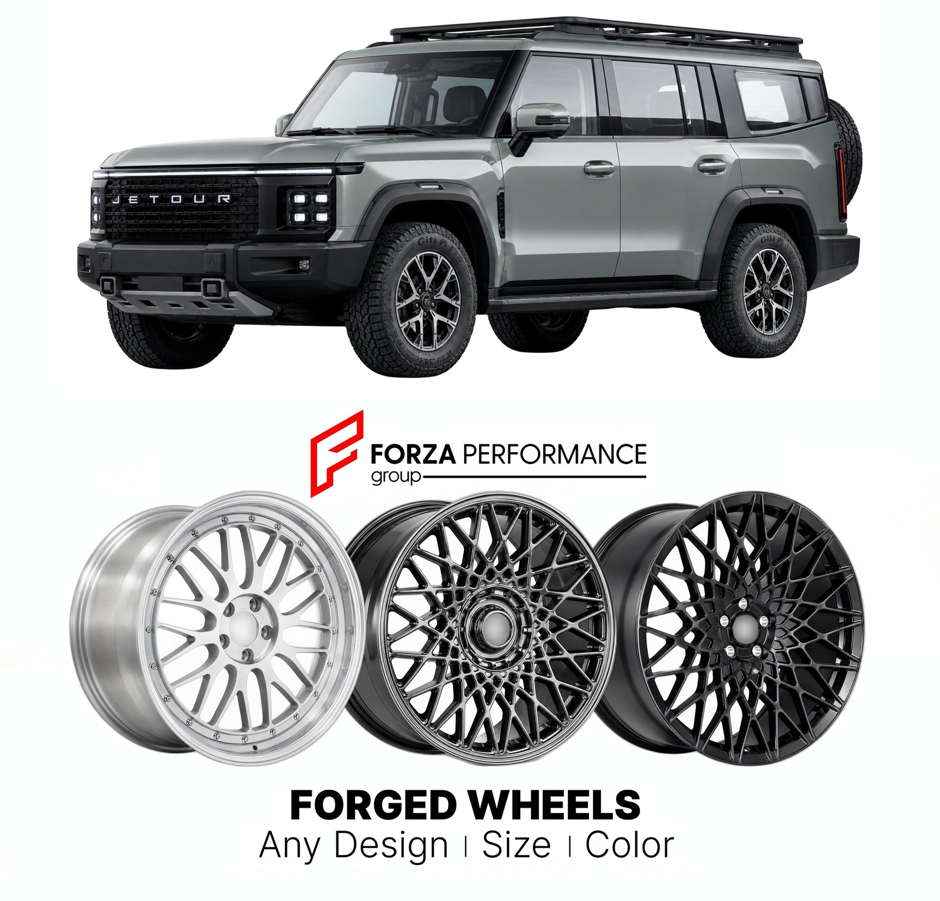 Custom forged wheels for Jetour Shanhai Chery T5 2025+. Made-to-order monoblock, 2-piece and 3-piece wheels in custom sizes, offsets, colors and finishes with guaranteed vehicle fitment.

We manufacture premium quality forged wheels rims for Jetour Shanhai Chery T5 2025+ in any design, size, color.

THIS WHEEL DESIGN CAN BE CUSTOM-MADE FOR YOUR CAR IN ANY SIZE AND COLOR OPTIONS
Available in monoblock, 2-piece, 3-piece, duoblock, beadlock
3D wheel renderings are provided according to the exact dimensions and