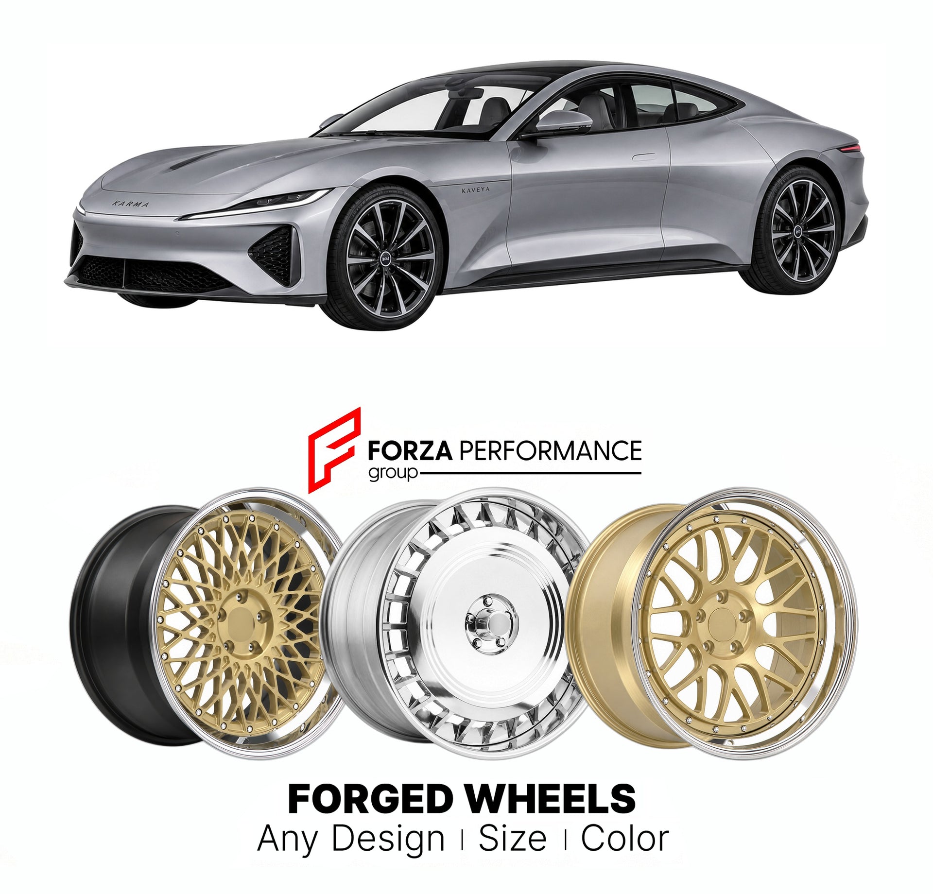 FORGED WHEELS RIMS for KARMA KAVEYA PLANNED ELECTRIC COUPE 2026+

Custom forged wheels for Karma Kaveya Planned Electric Coupe 2026+. Made-to-order monoblock, 2-piece and 3-piece rims in custom sizes, offsets, colors and finishes with guaranteed fitment.

We manufacture premium quality forged wheels rims for Karma Kaveya Planned Electric Coupe 2026+ in any design, size, color.

THIS WHEEL DESIGN CAN BE CUSTOM-MADE FOR YOUR CAR IN ANY SIZE AND COLOR OPTIONS
Available in monoblock, 2-piece, 3-piece, duoblock,