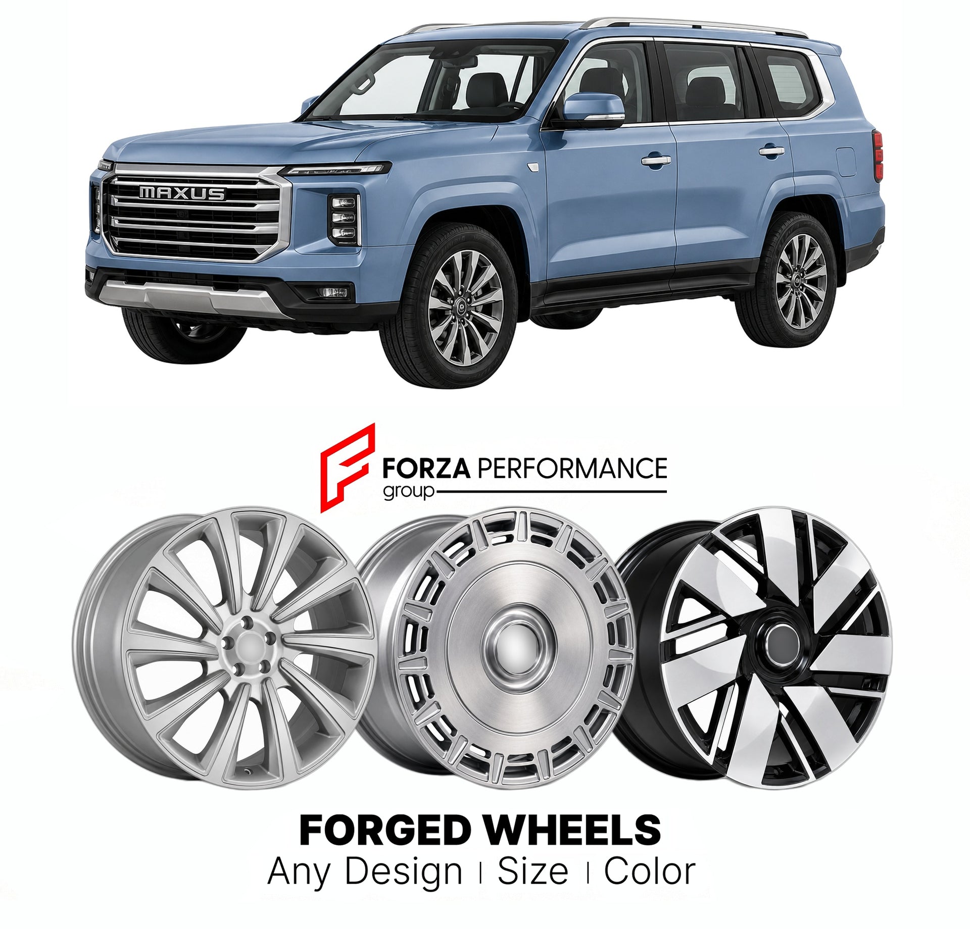 Custom forged wheels for LDV Maxus D90 Pro 2020+. Made-to-order monoblock, 2-piece and 3-piece wheels in custom sizes, offsets, colors and finishes with guaranteed vehicle fitment.

We manufacture premium quality forged wheels rims for LDV Maxus D90 Pro 2020+ in any design, size, color.

THIS WHEEL DESIGN CAN BE CUSTOM-MADE FOR YOUR CAR IN ANY SIZE AND COLOR OPTIONS
Available in monoblock, 2-piece, 3-piece, duoblock, beadlock
3D wheel renderings are provided according to the exact dimensions and specificati
