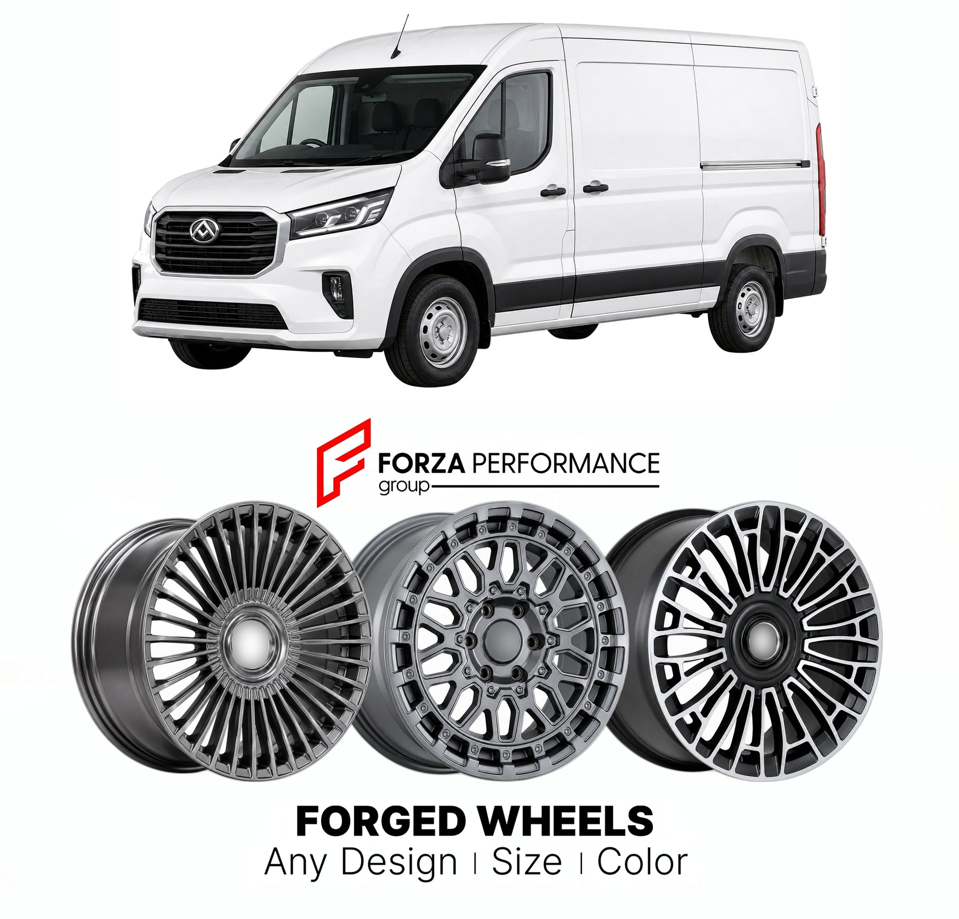 Custom forged wheels for LDV Maxus Deliver 9 2020+. Made-to-order monoblock, 2-piece and 3-piece wheels in custom sizes, offsets, colors and finishes with guaranteed vehicle fitment.

We manufacture premium quality forged wheels rims for LDV Maxus Deliver 9 2020+ in any design, size, color.

THIS WHEEL DESIGN CAN BE CUSTOM-MADE FOR YOUR CAR IN ANY SIZE AND COLOR OPTIONS
Available in monoblock, 2-piece, 3-piece, duoblock, beadlock
3D wheel renderings are provided according to the exact dimensions and specifi
