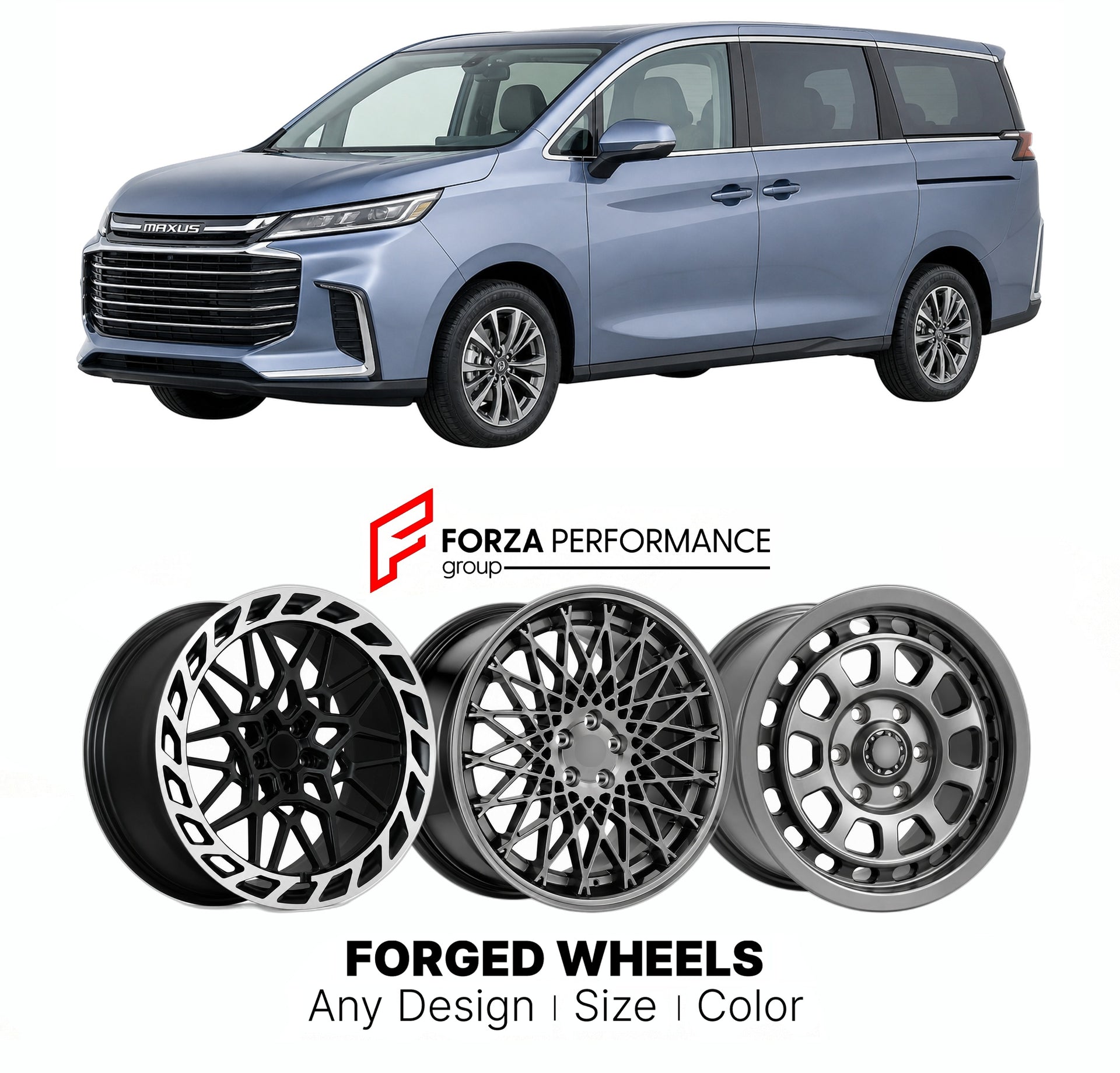Custom forged wheels for LDV Maxus G50 Plus 2020+. Made-to-order monoblock, 2-piece and 3-piece wheels in custom sizes, offsets, colors and finishes with guaranteed vehicle fitment.

We manufacture premium quality forged wheels rims for LDV Maxus G50 Plus 2020+ in any design, size, color.

THIS WHEEL DESIGN CAN BE CUSTOM-MADE FOR YOUR CAR IN ANY SIZE AND COLOR OPTIONS
Available in monoblock, 2-piece, 3-piece, duoblock, beadlock
3D wheel renderings are provided according to the exact dimensions and specifica