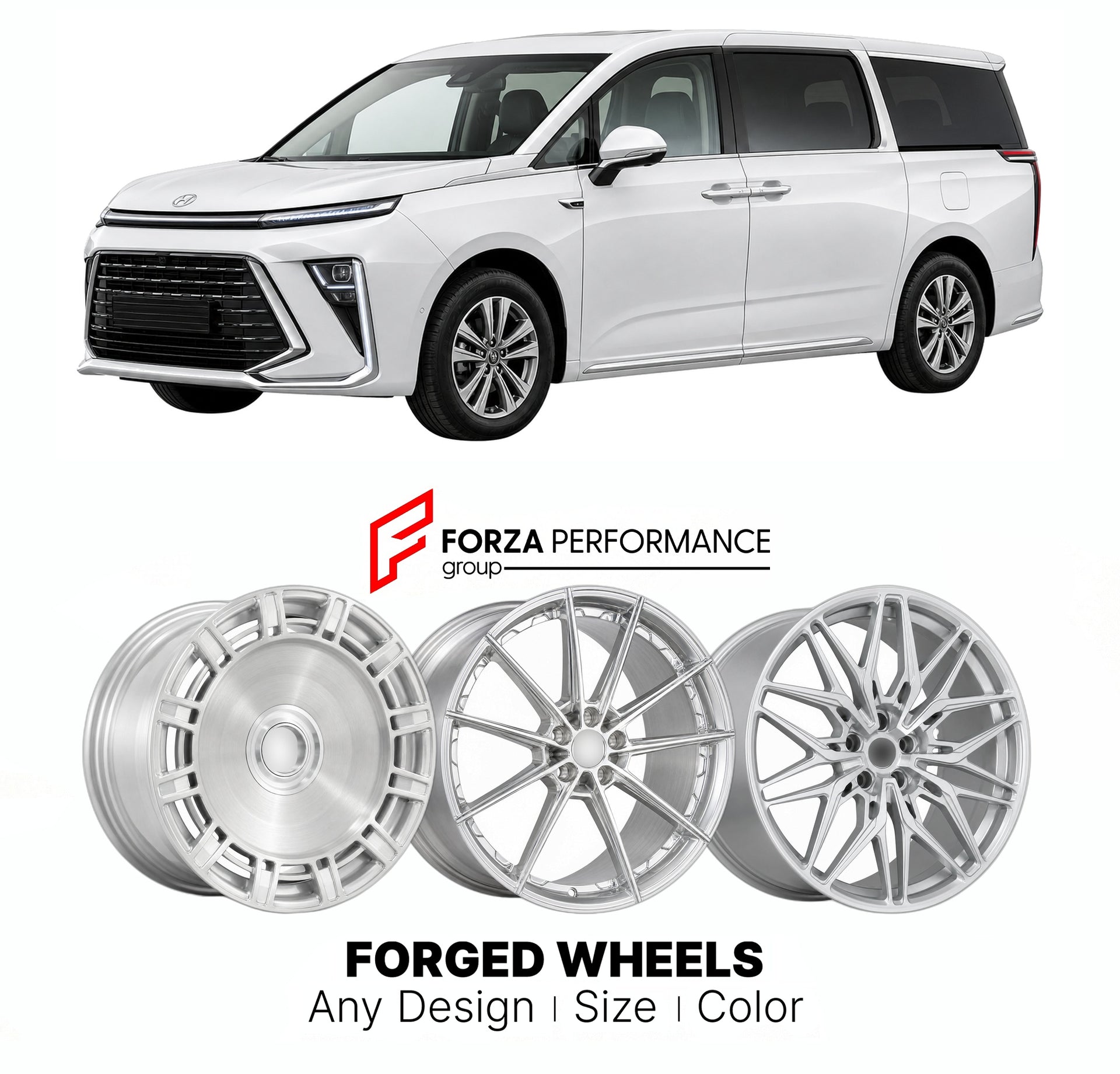 Custom forged wheels for LDV Maxus G90 2022+. Made-to-order monoblock, 2-piece and 3-piece wheels in custom sizes, offsets, colors and finishes with guaranteed vehicle fitment.

We manufacture premium quality forged wheels rims for LDV Maxus G90 2022+ in any design, size, color.

THIS WHEEL DESIGN CAN BE CUSTOM-MADE FOR YOUR CAR IN ANY SIZE AND COLOR OPTIONS
Available in monoblock, 2-piece, 3-piece, duoblock, beadlock
3D wheel renderings are provided according to the exact dimensions and specifications requ