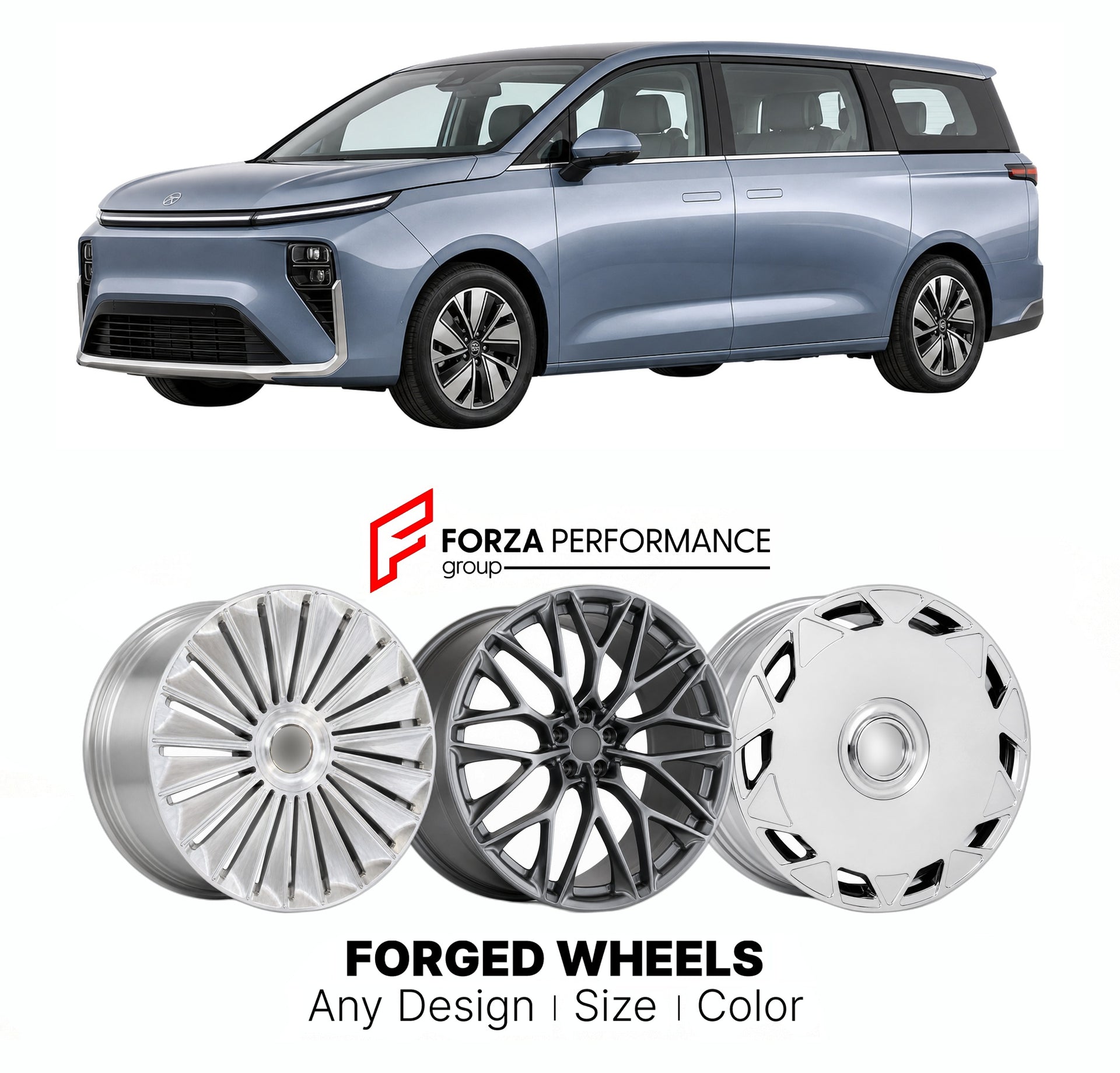 Custom forged wheels for LDV Maxus MIFA 7 2023+. Made-to-order monoblock, 2-piece and 3-piece wheels in custom sizes, offsets, colors and finishes with guaranteed vehicle fitment.

We manufacture premium quality forged wheels rims for LDV Maxus MIFA 7 2023+ in any design, size, color.

THIS WHEEL DESIGN CAN BE CUSTOM-MADE FOR YOUR CAR IN ANY SIZE AND COLOR OPTIONS
Available in monoblock, 2-piece, 3-piece, duoblock, beadlock
3D wheel renderings are provided according to the exact dimensions and specification