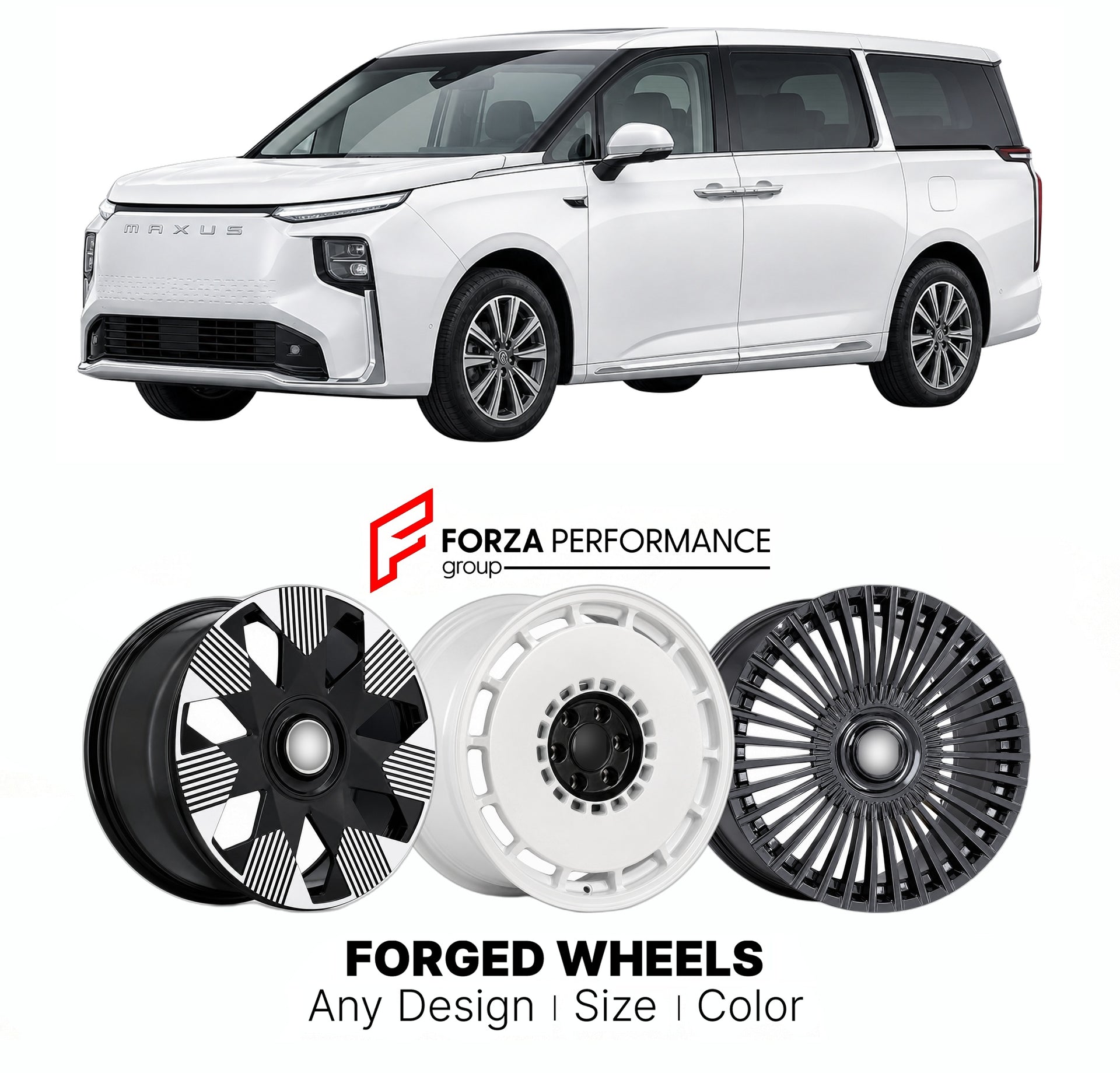 Custom forged wheels for LDV Maxus MIFA 9 2021+. Made-to-order monoblock, 2-piece and 3-piece wheels in custom sizes, offsets, colors and finishes with guaranteed vehicle fitment.

We manufacture premium quality forged wheels rims for LDV Maxus MIFA 9 2021+ in any design, size, color.

THIS WHEEL DESIGN CAN BE CUSTOM-MADE FOR YOUR CAR IN ANY SIZE AND COLOR OPTIONS
Available in monoblock, 2-piece, 3-piece, duoblock, beadlock
3D wheel renderings are provided according to the exact dimensions and specification