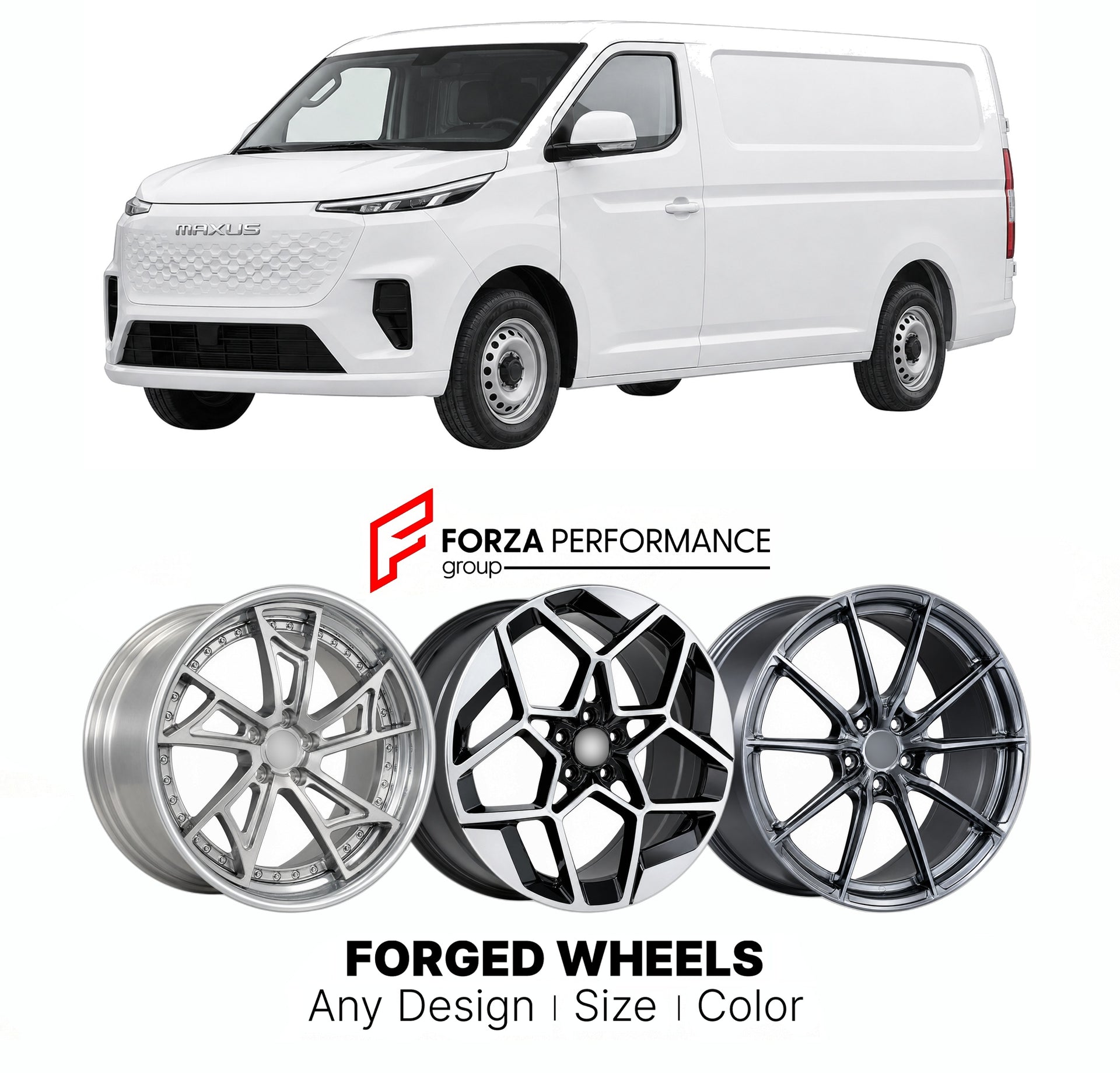 Custom forged wheels for LDV Maxus eDeliver 7 2023+. Made-to-order monoblock, 2-piece and 3-piece wheels in custom sizes, offsets, colors and finishes with guaranteed vehicle fitment.

We manufacture premium quality forged wheels rims for LDV Maxus eDeliver 7 2023+ in any design, size, color.

THIS WHEEL DESIGN CAN BE CUSTOM-MADE FOR YOUR CAR IN ANY SIZE AND COLOR OPTIONS
Available in monoblock, 2-piece, 3-piece, duoblock, beadlock
3D wheel renderings are provided according to the exact dimensions and speci