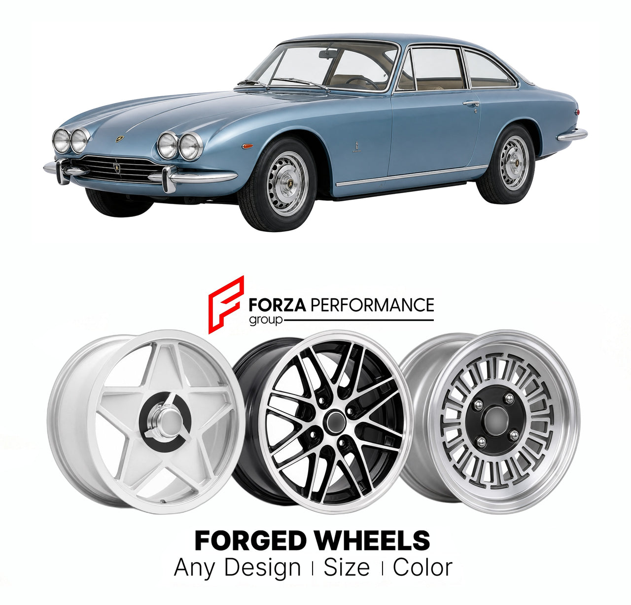 CUSTOM CLASSIC VINTAGE RESTOMOD RETRO OLD SCHOOL FORGED WHEELS RIMS for LAMBORGHINI 400 GT 2+2 1966 - 1968

Custom forged wheels for Lamborghini 400 GT 2+2 1966 - 1968. Classic, vintage, restomod wheel designs made to order in custom sizes, offsets, colors and finishes.

We manufacture premium quality forged wheels rims for Lamborghini 400 GT 2+2 1966 - 1968 in any design, size, color.

THIS WHEEL DESIGN CAN BE CUSTOM-MADE FOR YOUR CAR IN ANY SIZE AND COLOR OPTIONS
Available in monoblock, 2-piece, 3-piece, 