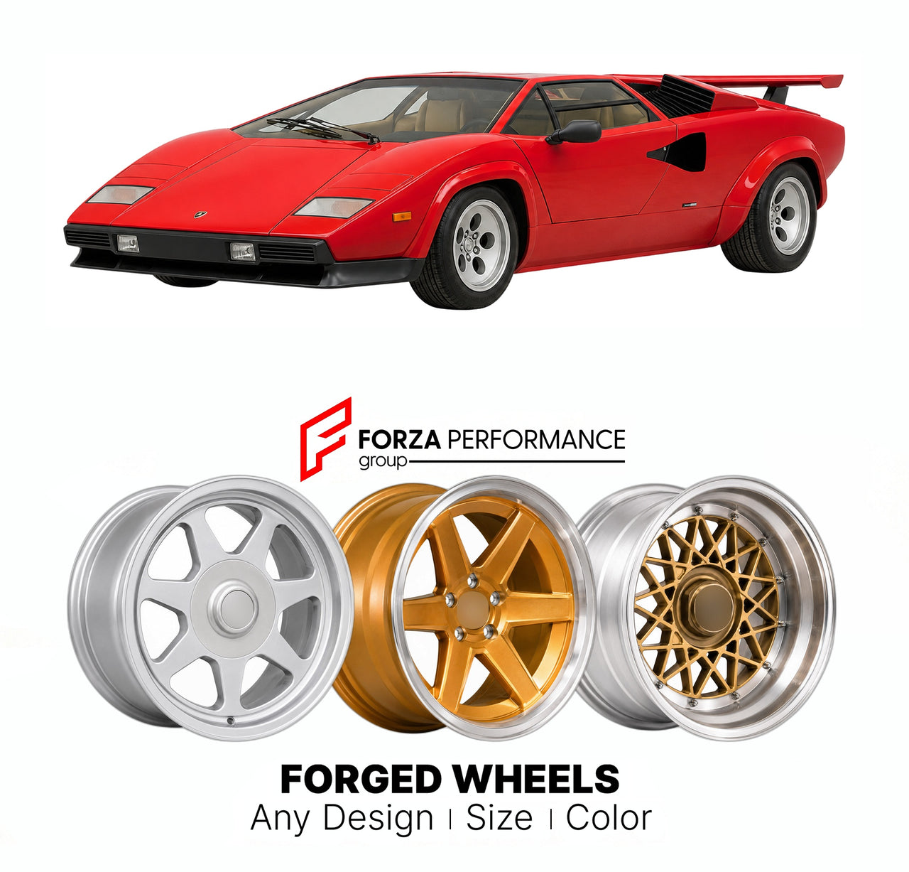 CUSTOM CLASSIC VINTAGE RESTOMOD RETRO OLD SCHOOL FORGED WHEELS RIMS for LAMBORGHINI COUNTACH 1974 - 1990

Custom forged wheels for Lamborghini Countach 1974 - 1990. Classic, vintage, restomod wheel designs made to order in custom sizes, offsets, colors and finishes.

We manufacture premium quality forged wheels rims for Lamborghini Countach 1974 - 1990 in any design, size, color.

THIS WHEEL DESIGN CAN BE CUSTOM-MADE FOR YOUR CAR IN ANY SIZE AND COLOR OPTIONS
Available in monoblock, 2-piece, 3-piece, duoblo