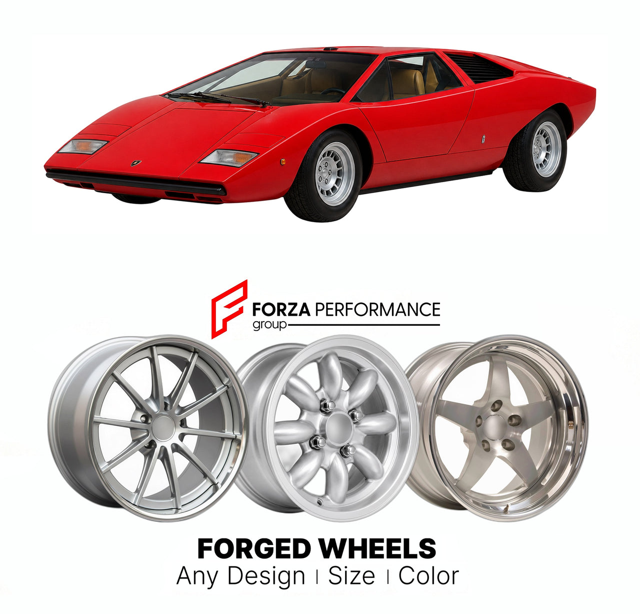 CUSTOM CLASSIC VINTAGE RESTOMOD RETRO OLD SCHOOL FORGED WHEELS RIMS for LAMBORGHINI COUNTACH LP400 1974 - 1978

Custom forged wheels for Lamborghini Countach LP400 1974 - 1978. Classic, vintage, restomod wheel designs made to order in custom sizes, offsets, colors and finishes.

We manufacture premium quality forged wheels rims for Lamborghini Countach LP400 1974 - 1978 in any design, size, color.

THIS WHEEL DESIGN CAN BE CUSTOM-MADE FOR YOUR CAR IN ANY SIZE AND COLOR OPTIONS
Available in monoblock, 2-piec