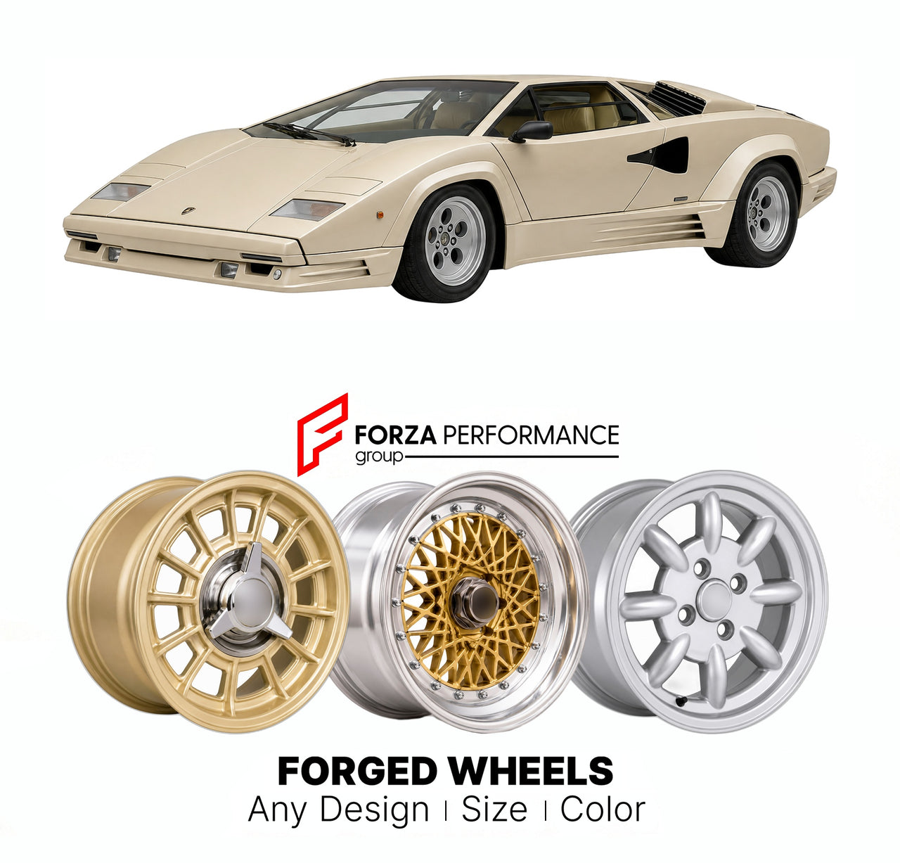 CUSTOM CLASSIC VINTAGE RESTOMOD RETRO OLD SCHOOL FORGED WHEELS RIMS for LAMBORGHINI COUNTACH LP400 LP500 25TH ANNIVERSARY 1974 - 1990

Custom forged wheels for Lamborghini Countach LP400 LP500 25th Anniversary 1974 - 1990. Classic, vintage, restomod wheel designs made to order in custom sizes, offsets, colors and finishes.

We manufacture premium quality forged wheels rims for Lamborghini Countach LP400 LP500 25th Anniversary 1974 - 1990 in any design, size, color.

THIS WHEEL DESIGN CAN BE CUSTOM-MADE FOR 